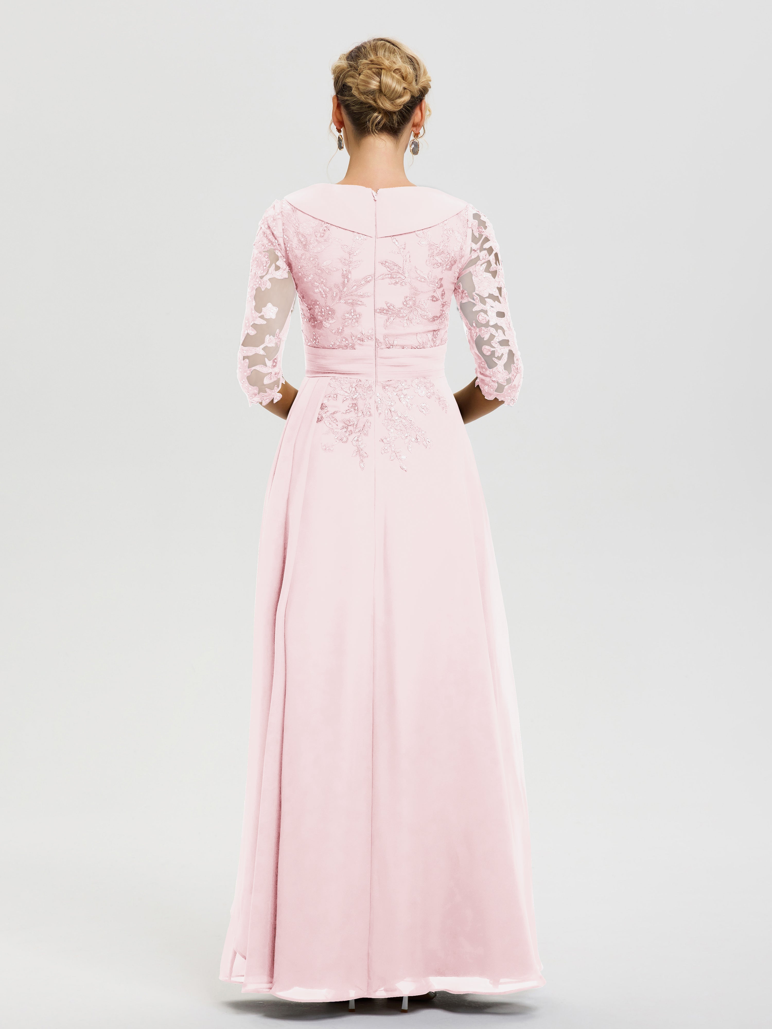 Robe Cérémonie Mère De La Mariée Rose Pale Col V Mousseline&Dentelle Robe Cérémonie Mère De La Mariée