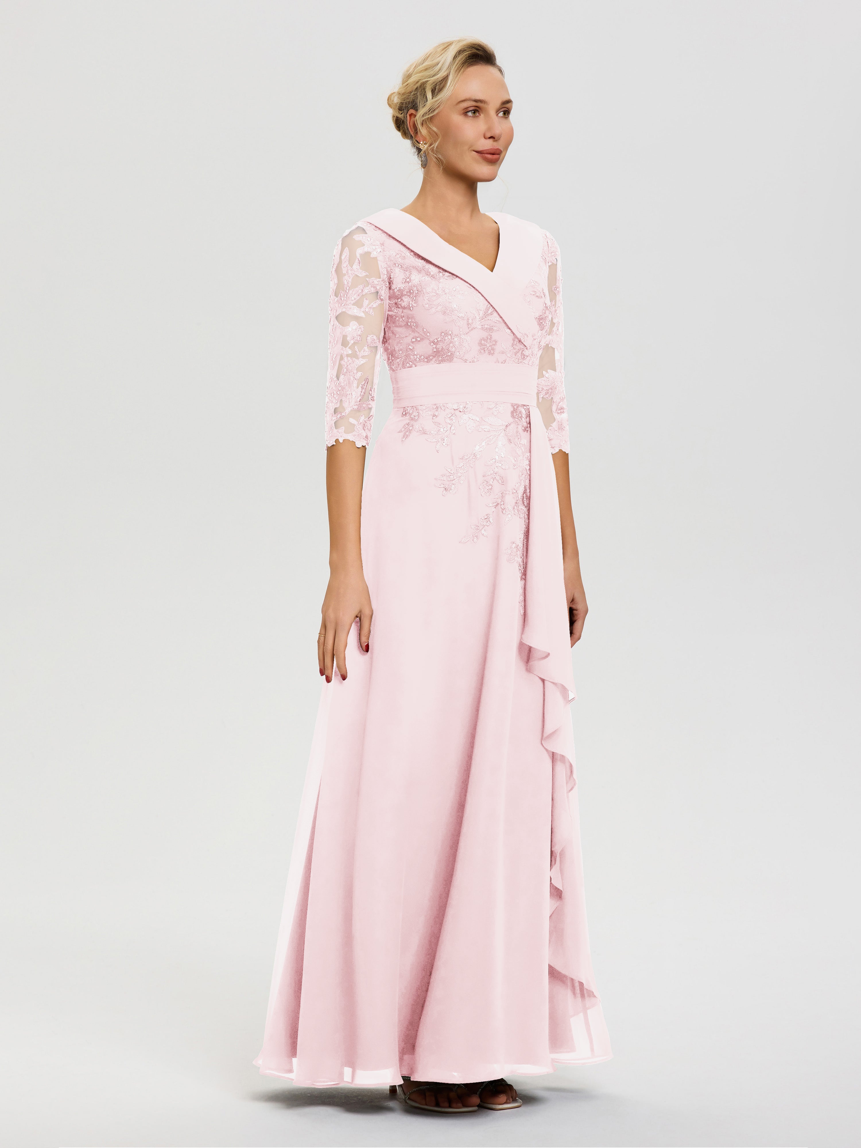 Robe Cérémonie Mère De La Mariée Rose Pale Col V Mousseline&Dentelle Robe Cérémonie Mère De La Mariée