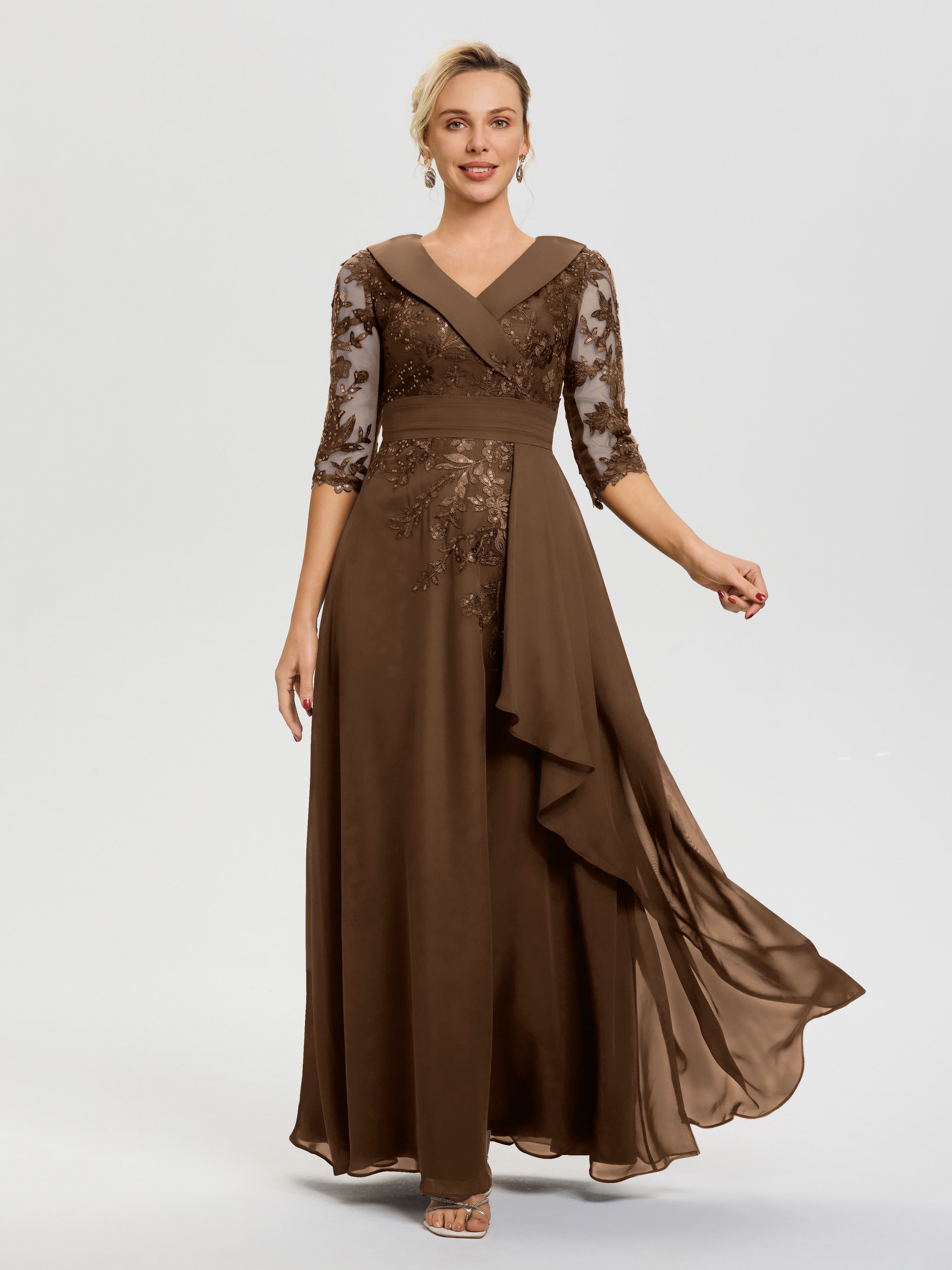 Robe Mère Marié Brun Col-V-Mousseline-Dentelle-Robe-Ceremonie-Mere-De-La-Mariee