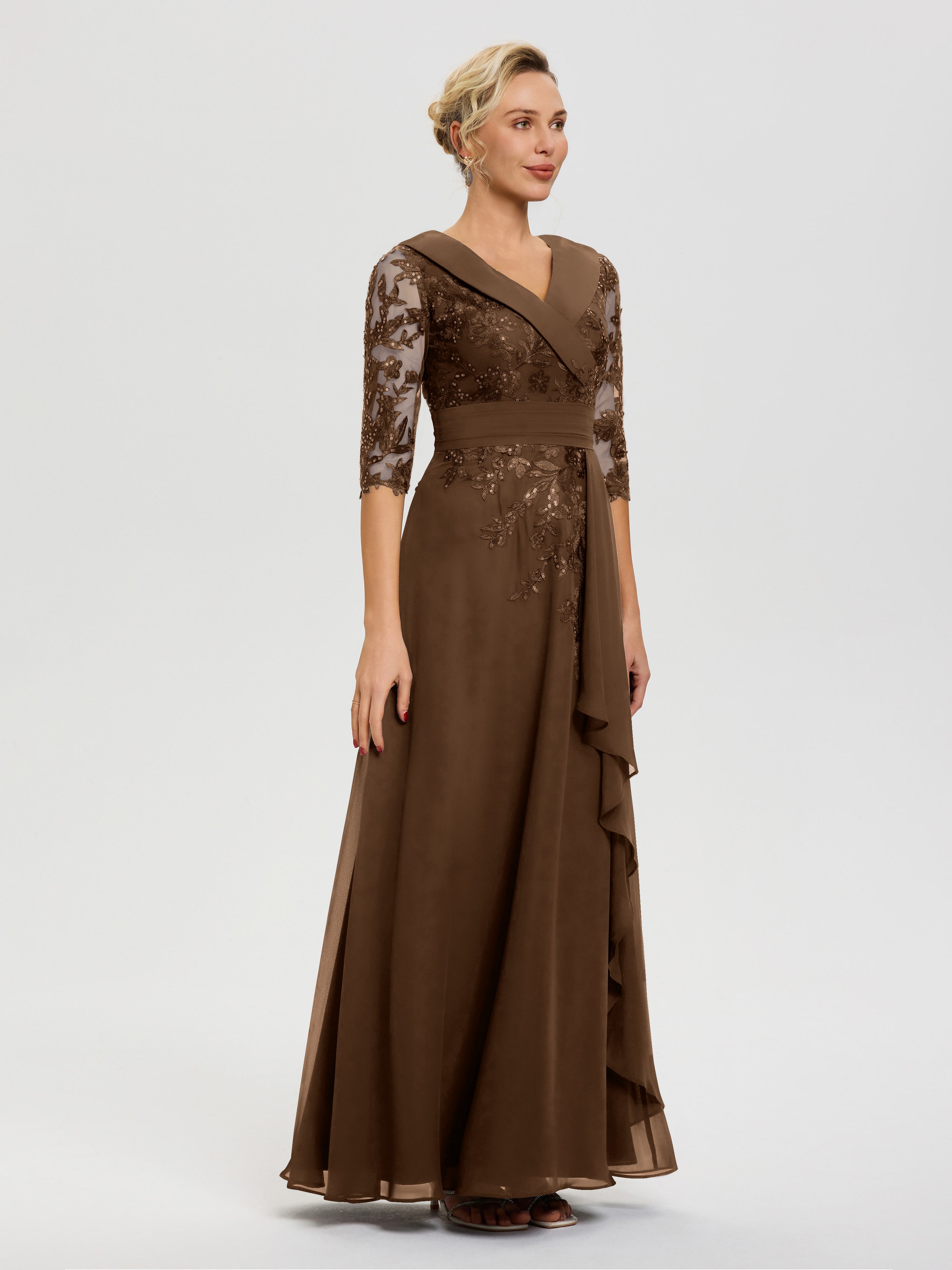 Robe Mère Marié Brun Col-V-Mousseline-Dentelle-Robe-Ceremonie-Mere-De-La-Mariee