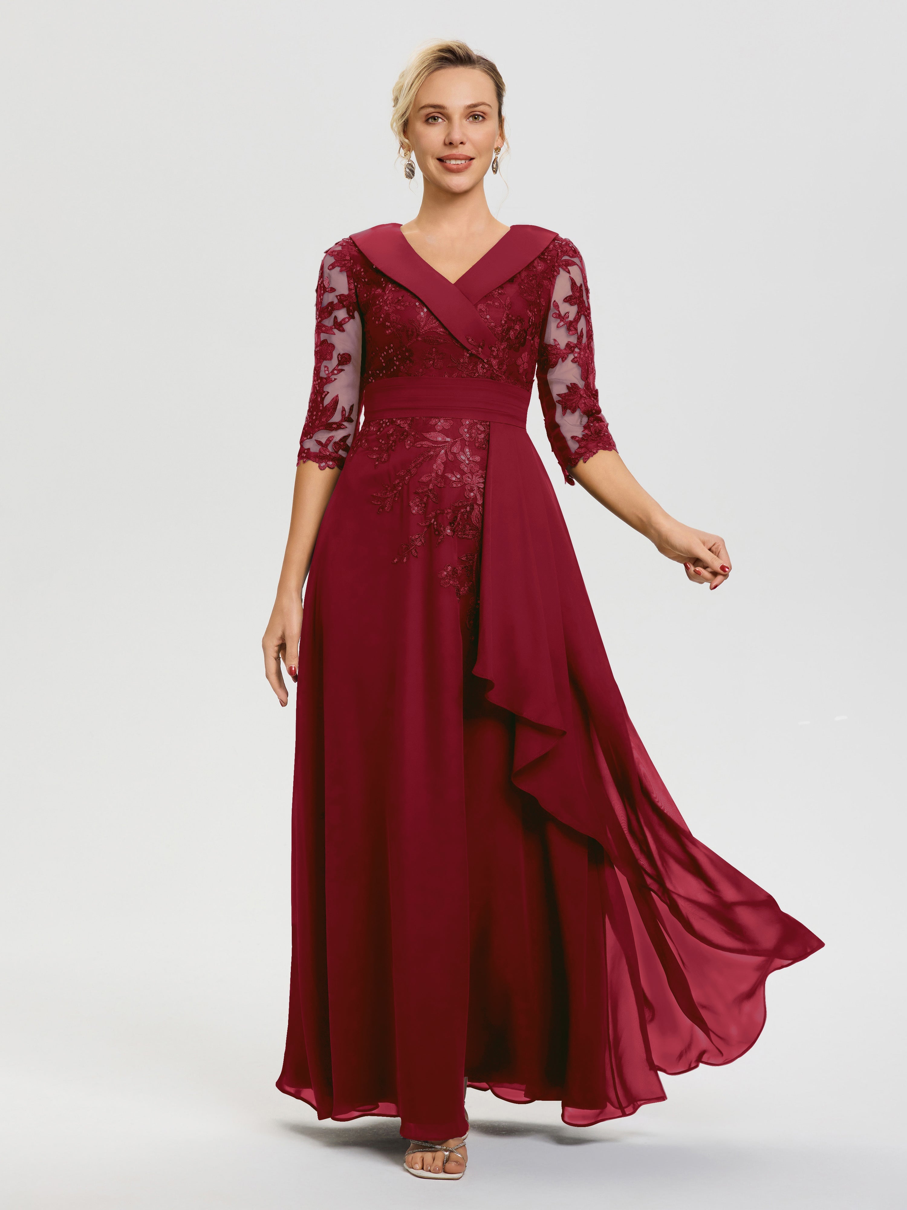 Robe Mère De La Mariée Bordeaux Col V Mousseline&Dentelle Robe Cérémonie Mère De La Mariée