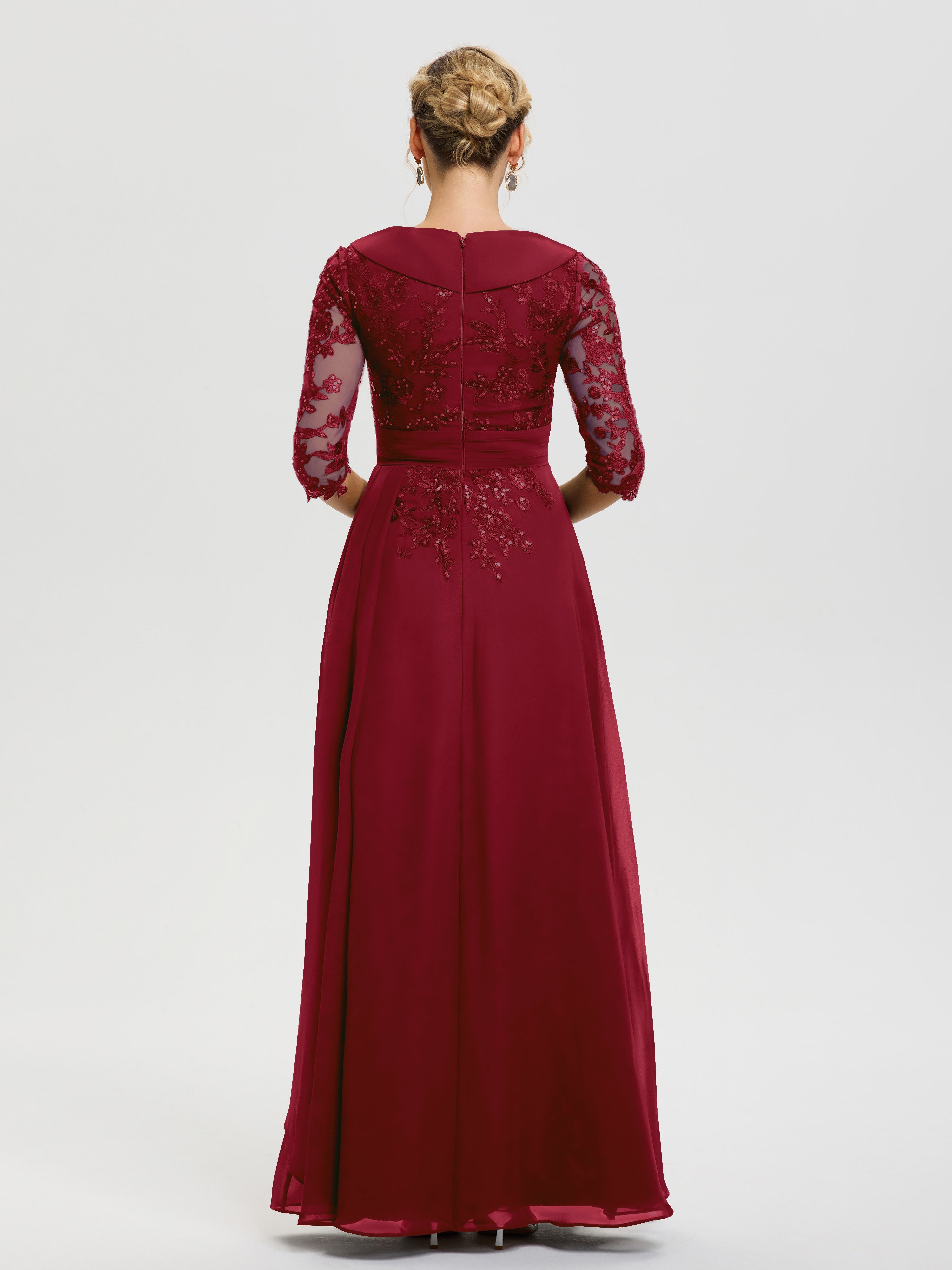 Robe Mère De La Mariée Bordeaux Col V Mousseline&Dentelle Robe Cérémonie Mère De La Mariée