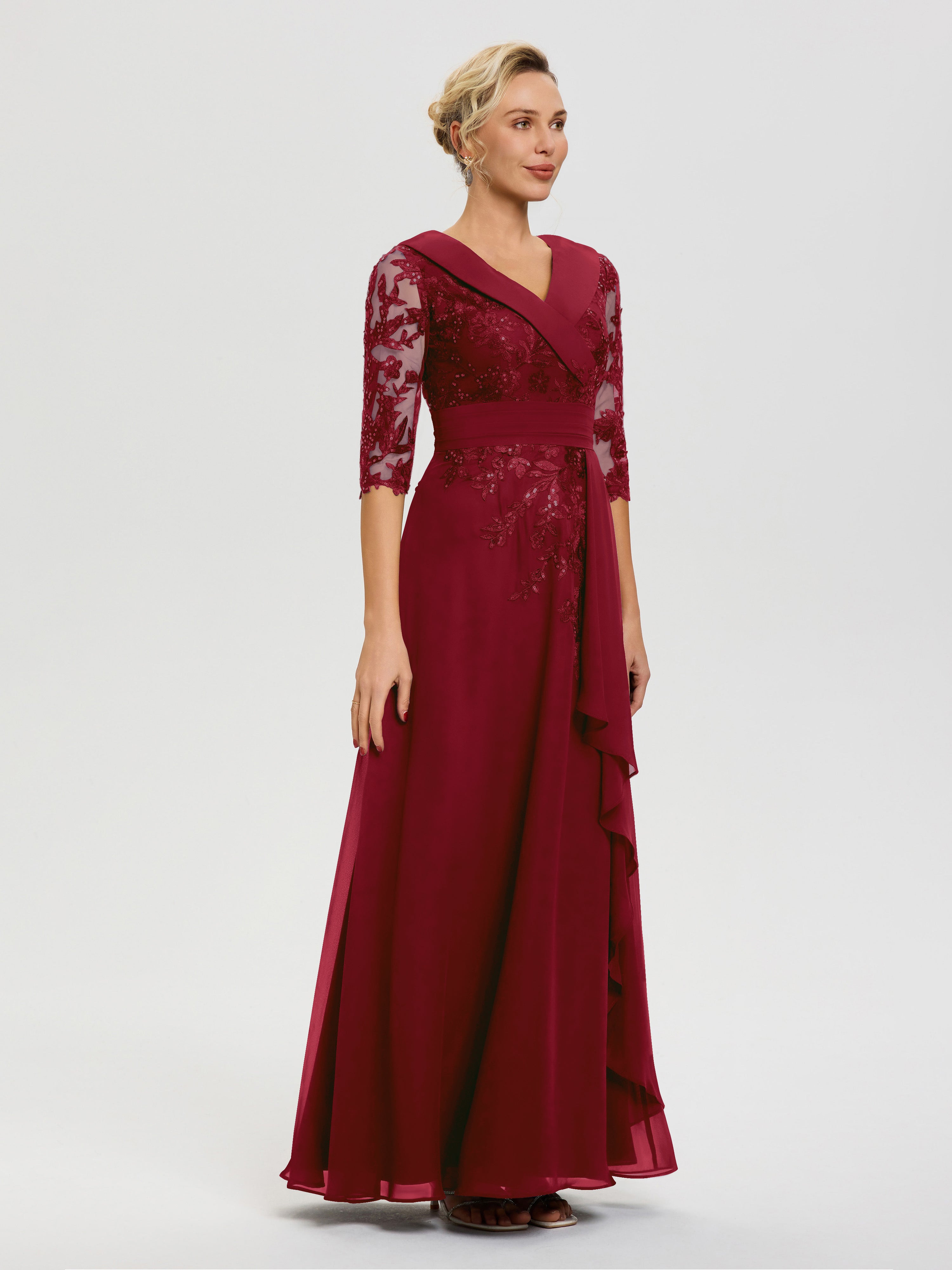 Robe Mère De La Mariée Bordeaux Col V Mousseline&Dentelle Robe Cérémonie Mère De La Mariée