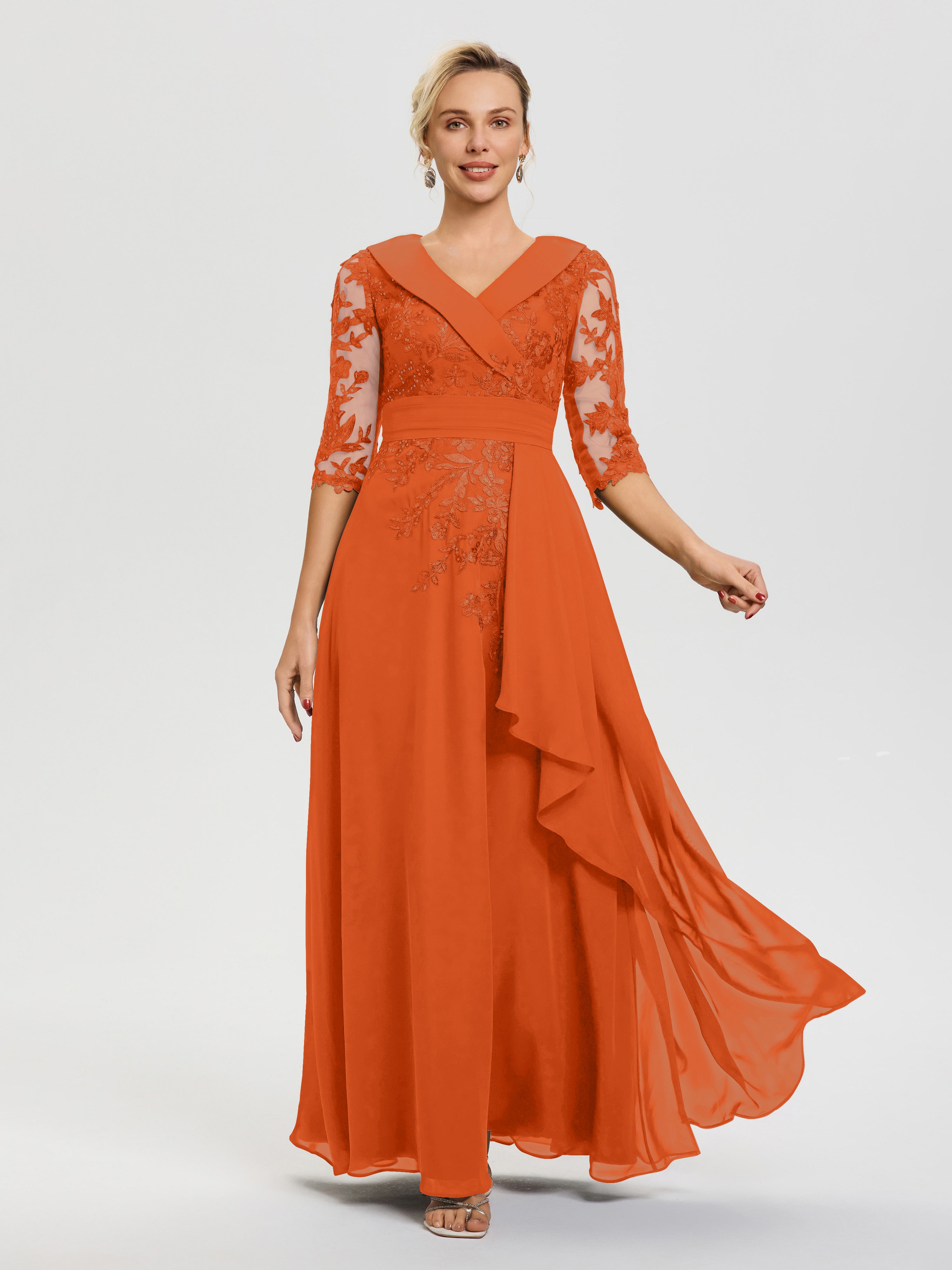 Robe Mère Marié Orange Brule Col V Mousseline&Dentelle Robe Cérémonie Mère De La Mariée