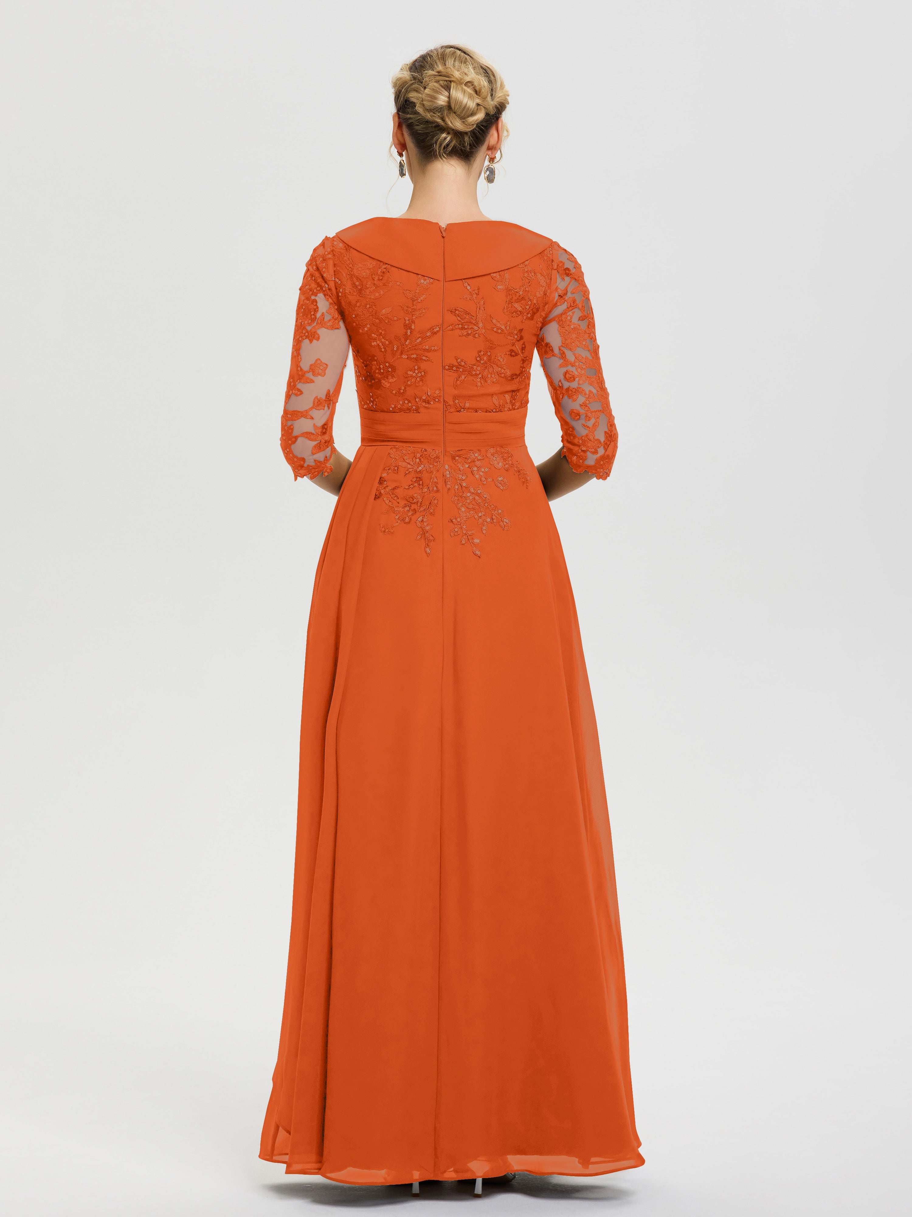 Robe Mère Marié Orange Brule Col V Mousseline&Dentelle Robe Cérémonie Mère De La Mariée