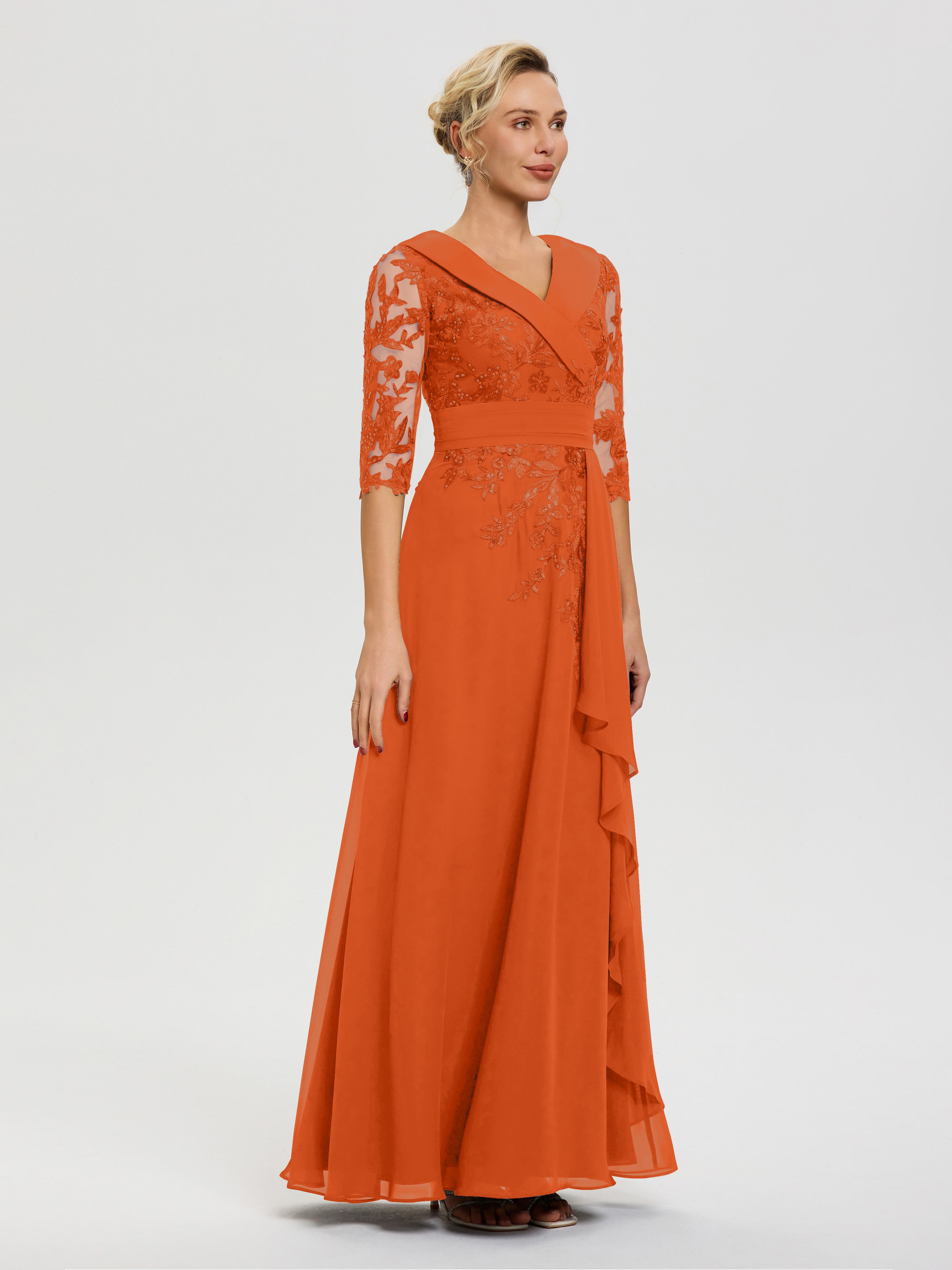 Robe Mère Marié Orange Brule Col V Mousseline&Dentelle Robe Cérémonie Mère De La Mariée