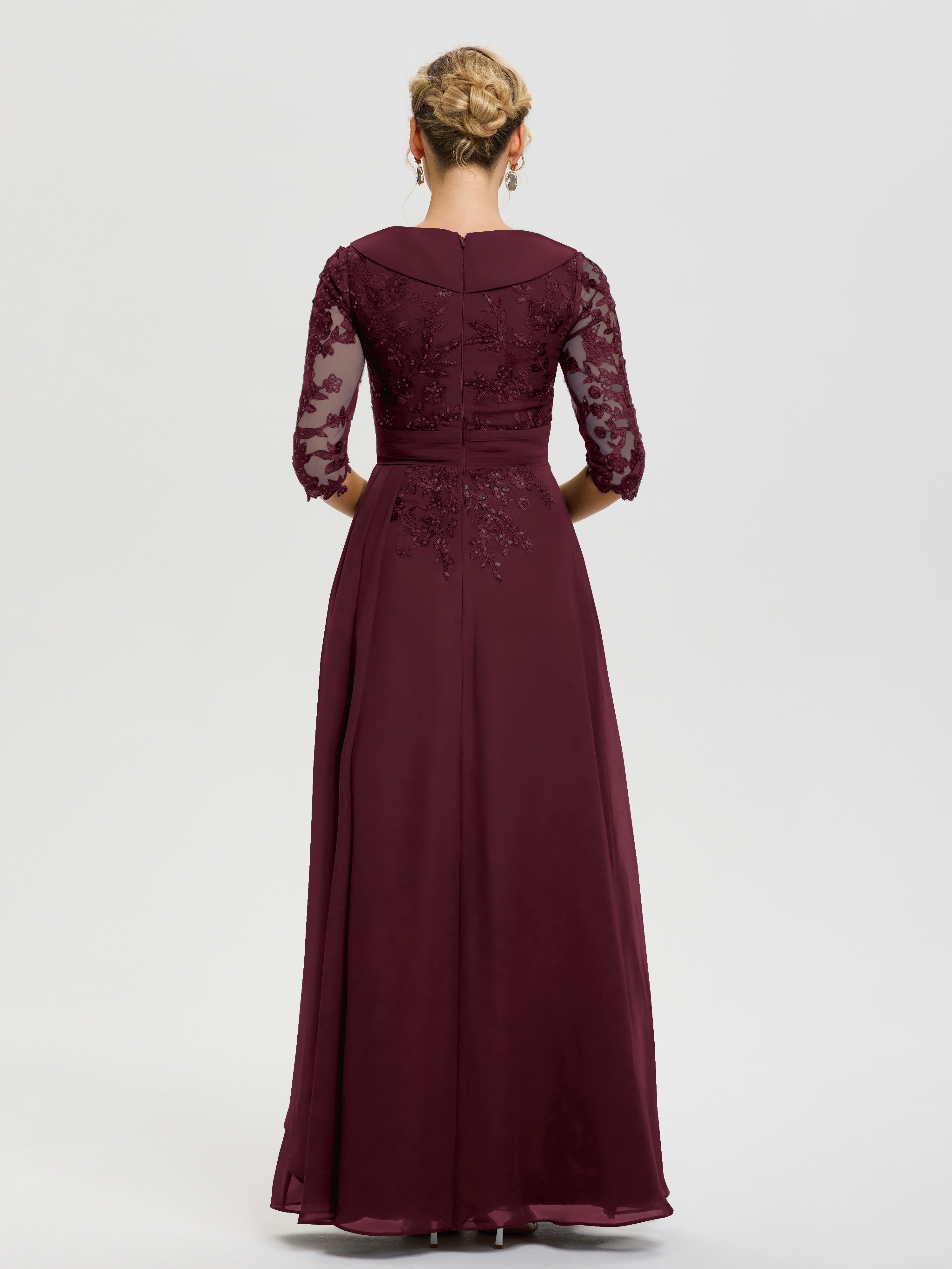 Robe Mère Marié Cabernet Col-V-Mousseline-Dentelle-Robe-Ceremonie-Mere-De-La-Mariee