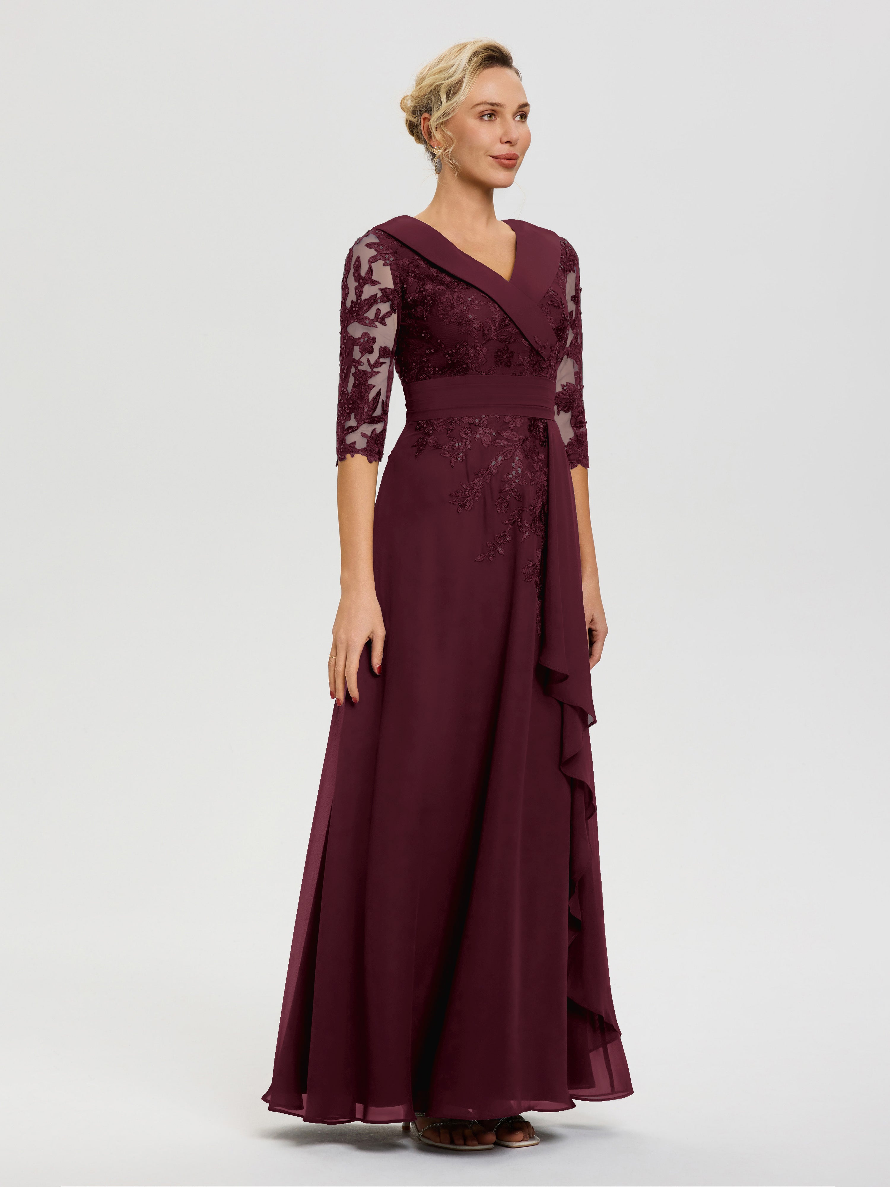 Robe Mère Marié Cabernet Col-V-Mousseline-Dentelle-Robe-Ceremonie-Mere-De-La-Mariee