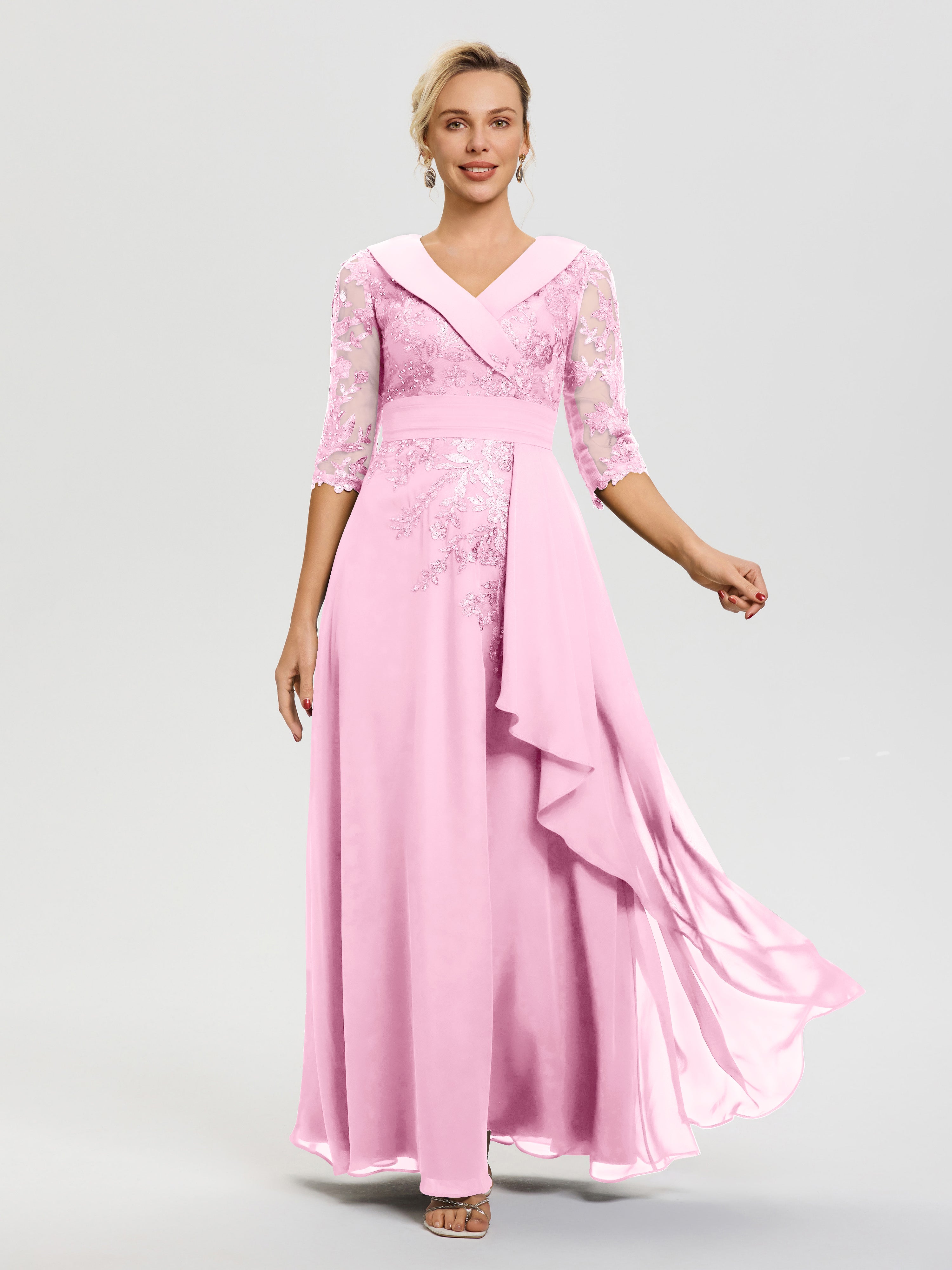 Robe Cérémonie Mère De La Mariée Rose Bonbon Col V Mousseline&Dentelle Robe Cérémonie Mère De La Mariée