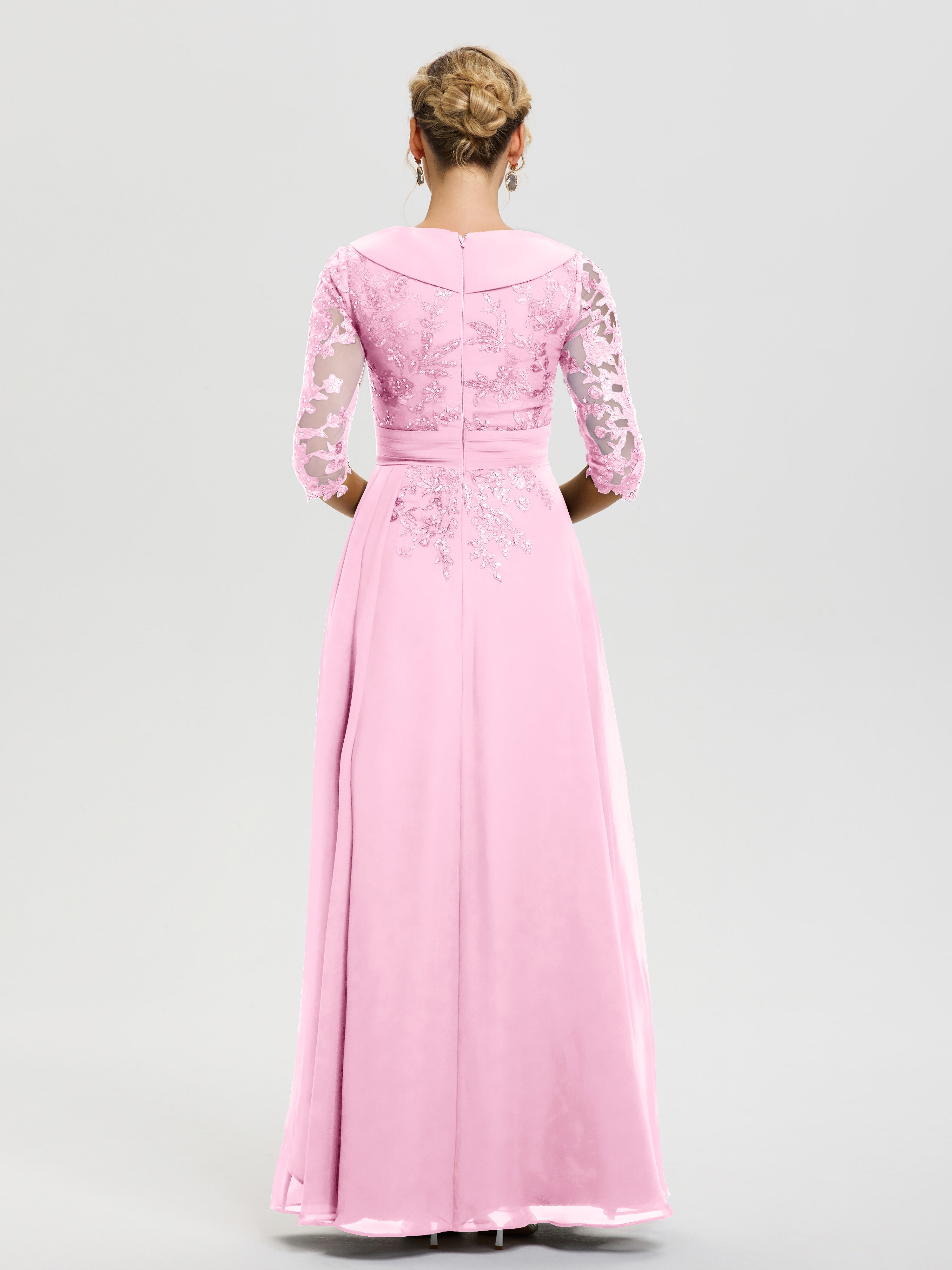Robe Cérémonie Mère De La Mariée Rose Bonbon Col V Mousseline&Dentelle Robe Cérémonie Mère De La Mariée