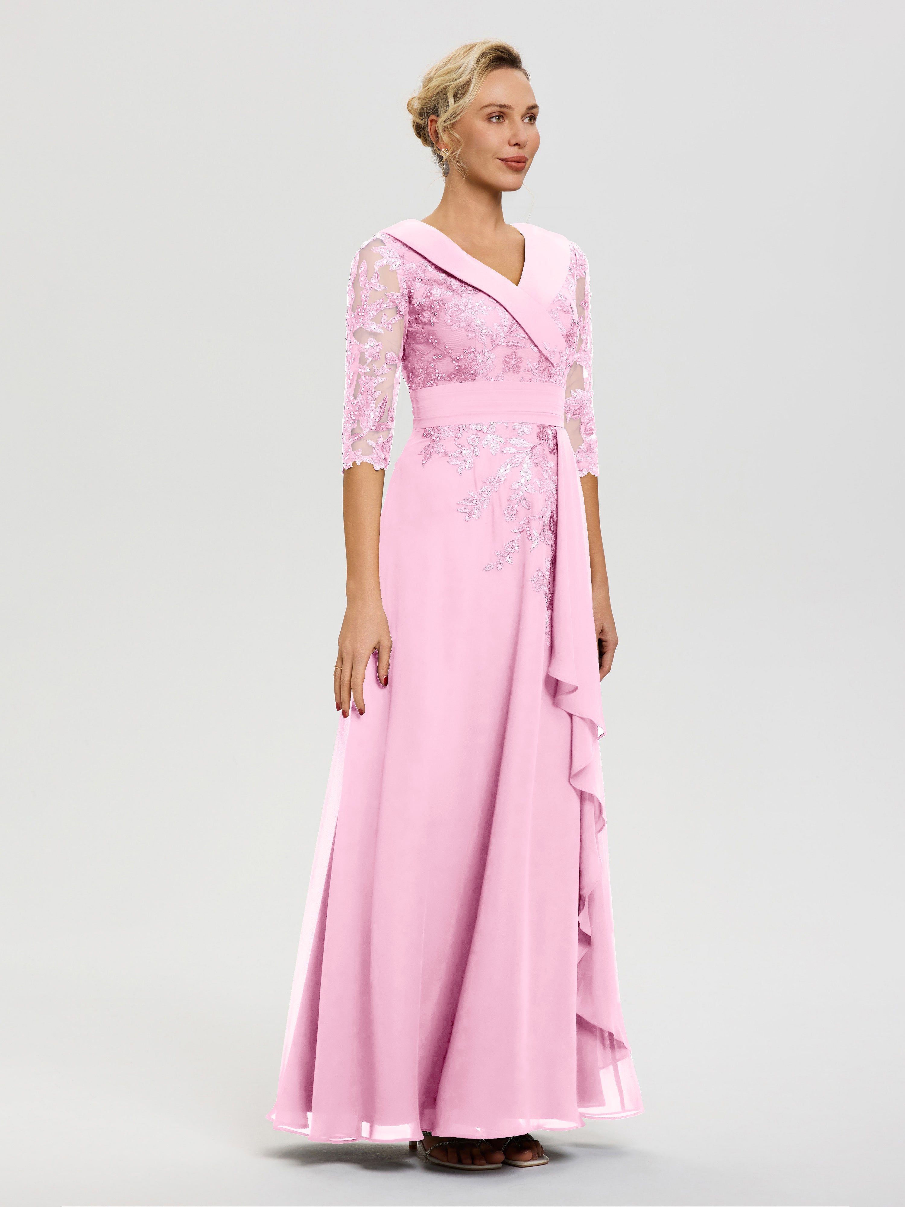 Robe Cérémonie Mère De La Mariée Rose Bonbon Col V Mousseline&Dentelle Robe Cérémonie Mère De La Mariée