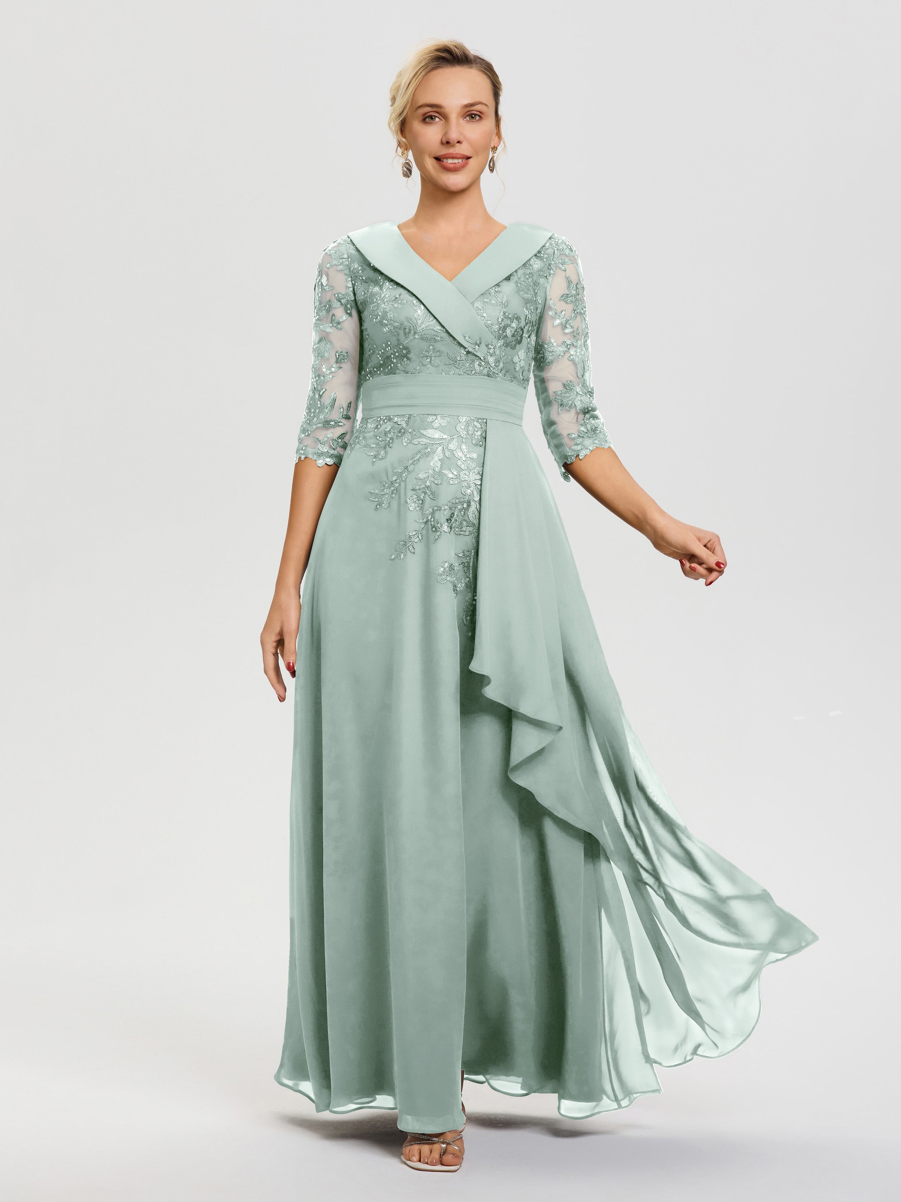 Robe Mère Marié Celadon Col-V-Mousseline-Dentelle-Robe-Ceremonie-Mere-De-La-Mariee