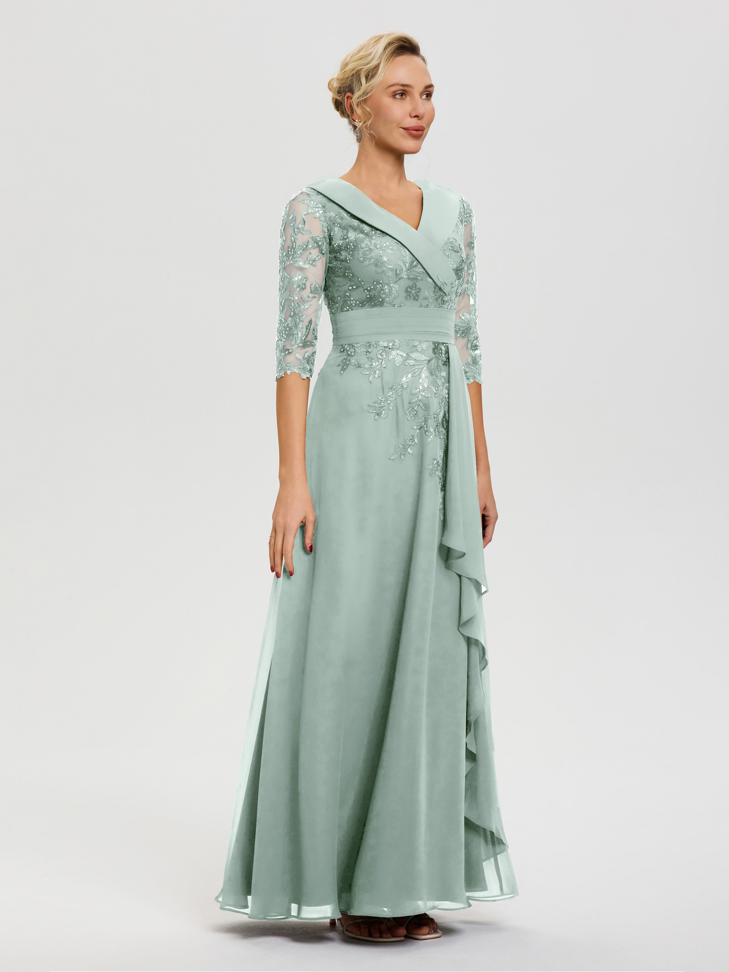 Robe Mère Marié Celadon Col-V-Mousseline-Dentelle-Robe-Ceremonie-Mere-De-La-Mariee