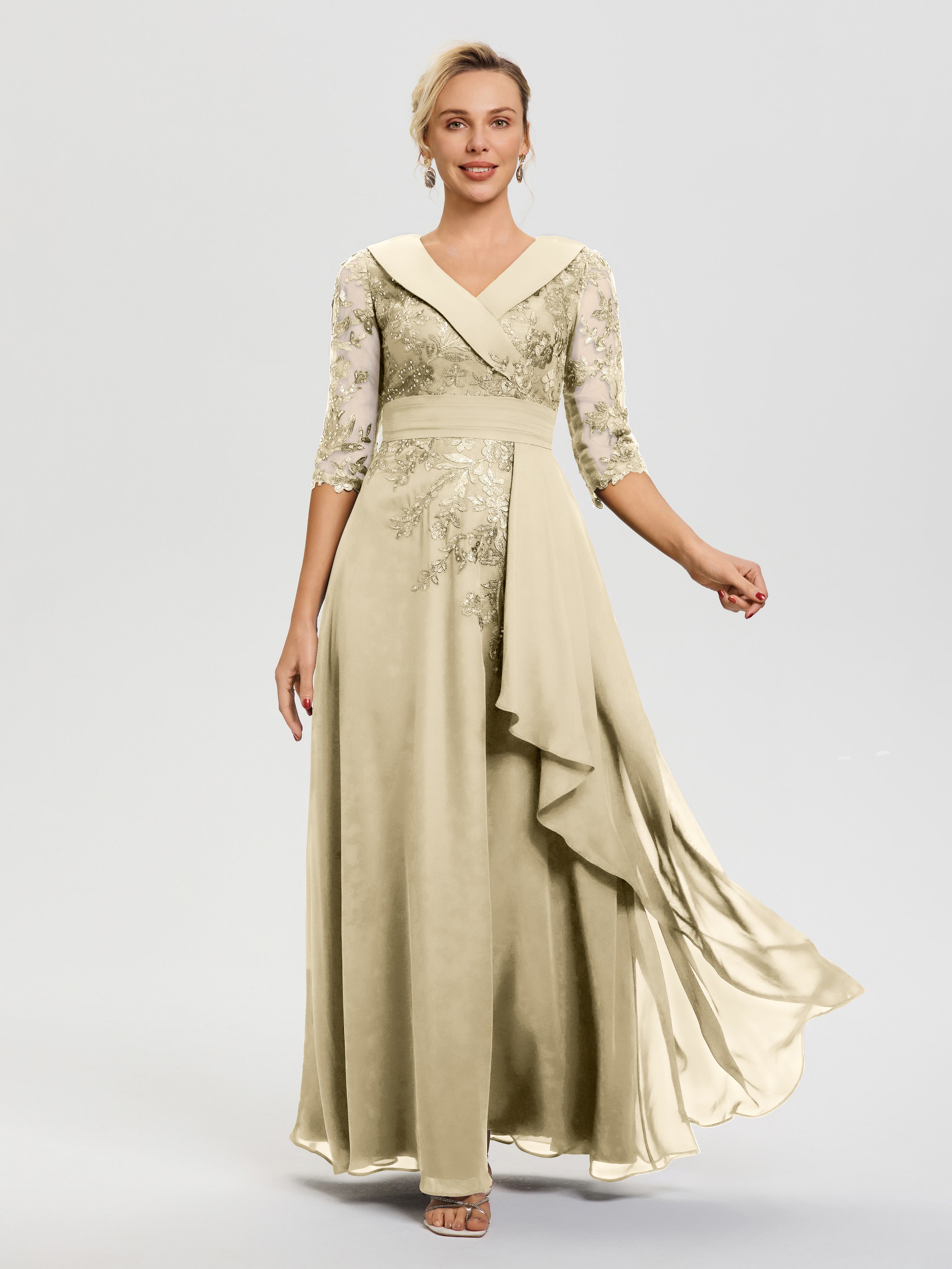Robe Mere De La Mariee Champagne Col V Mousseline&Dentelle Robe Cérémonie Mère De La Mariée
