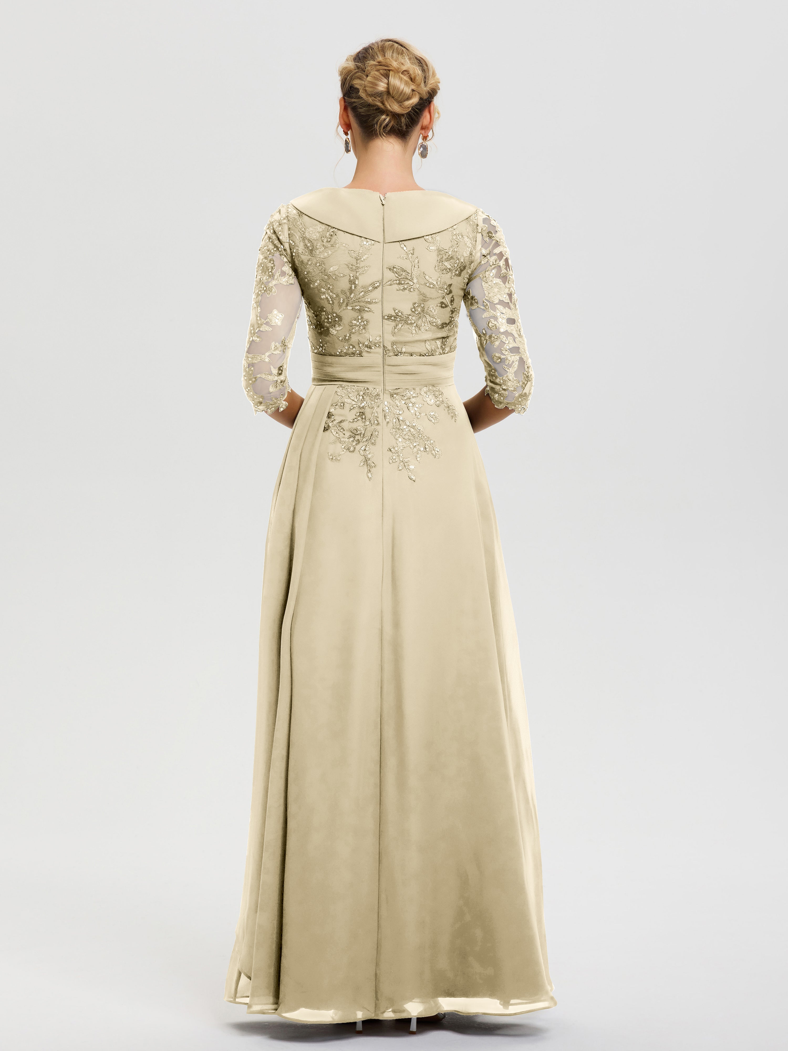 Robe Mere De La Mariee Champagne Col V Mousseline&Dentelle Robe Cérémonie Mère De La Mariée