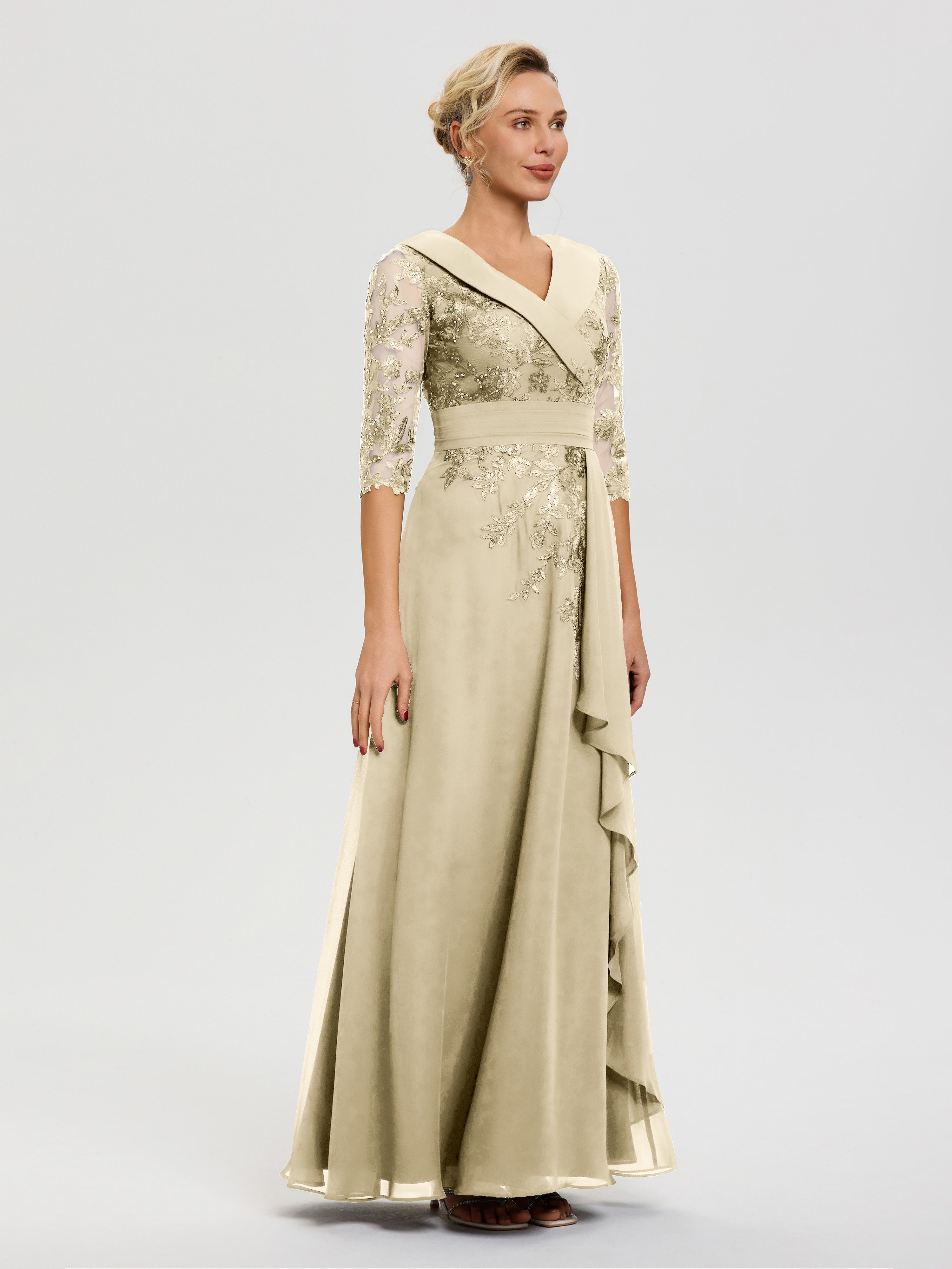 Robe Mere De La Mariee Champagne Col V Mousseline&Dentelle Robe Cérémonie Mère De La Mariée