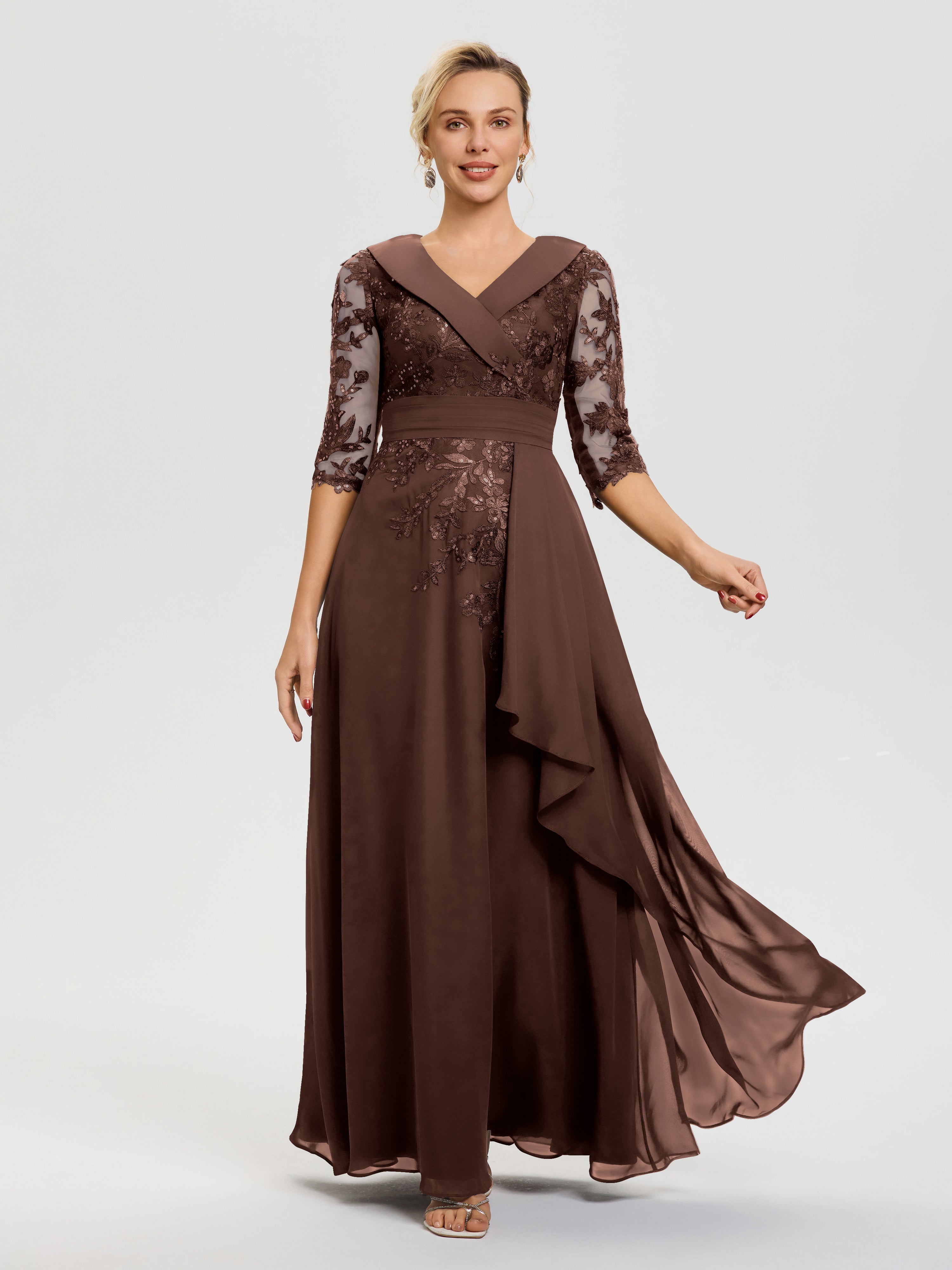 Robe Mère De La Mariée Chocolat Col V Mousseline&Dentelle Robe Cérémonie Mère De La Mariée
