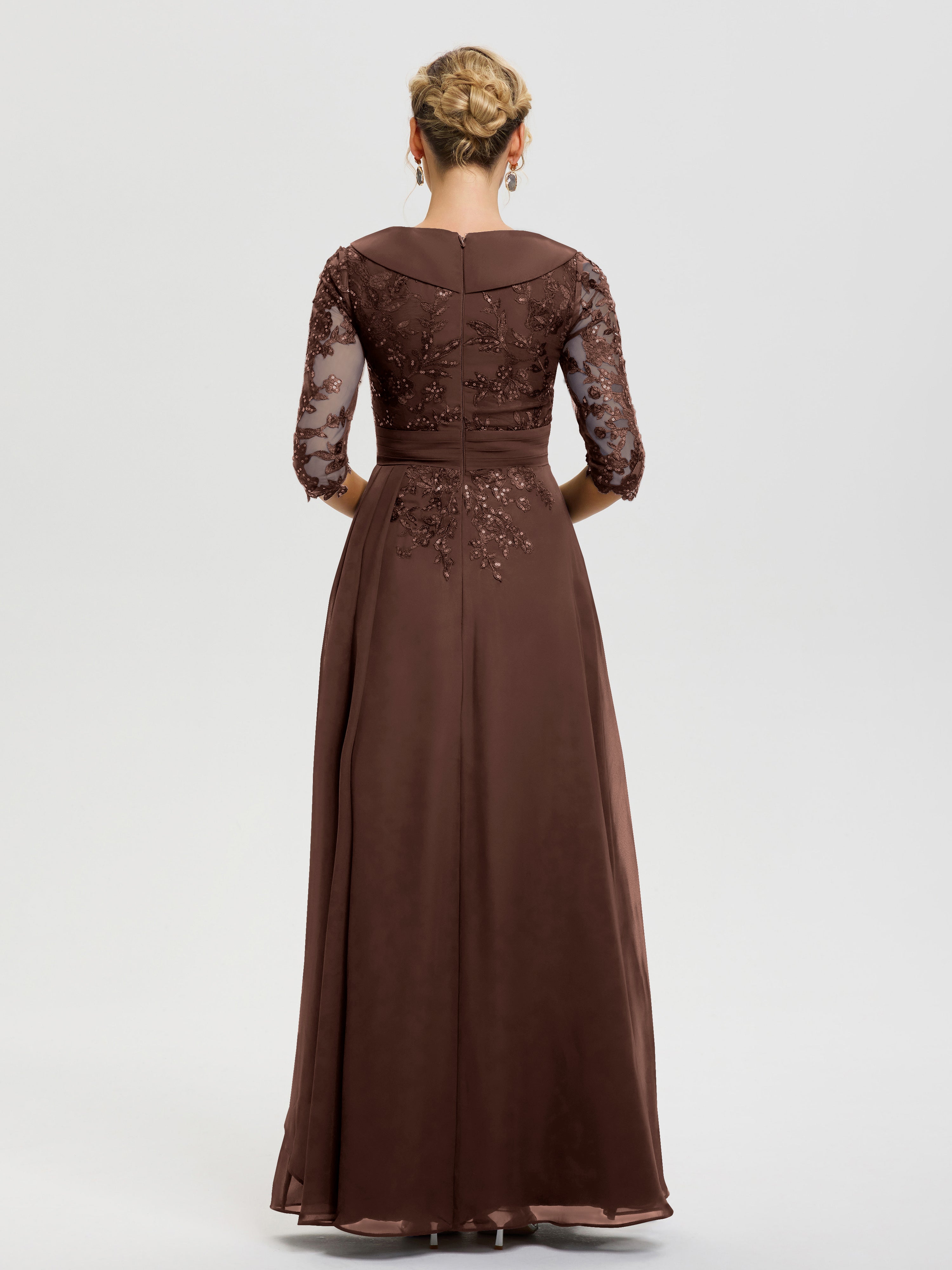 Robe Mère De La Mariée Chocolat Col V Mousseline&Dentelle Robe Cérémonie Mère De La Mariée