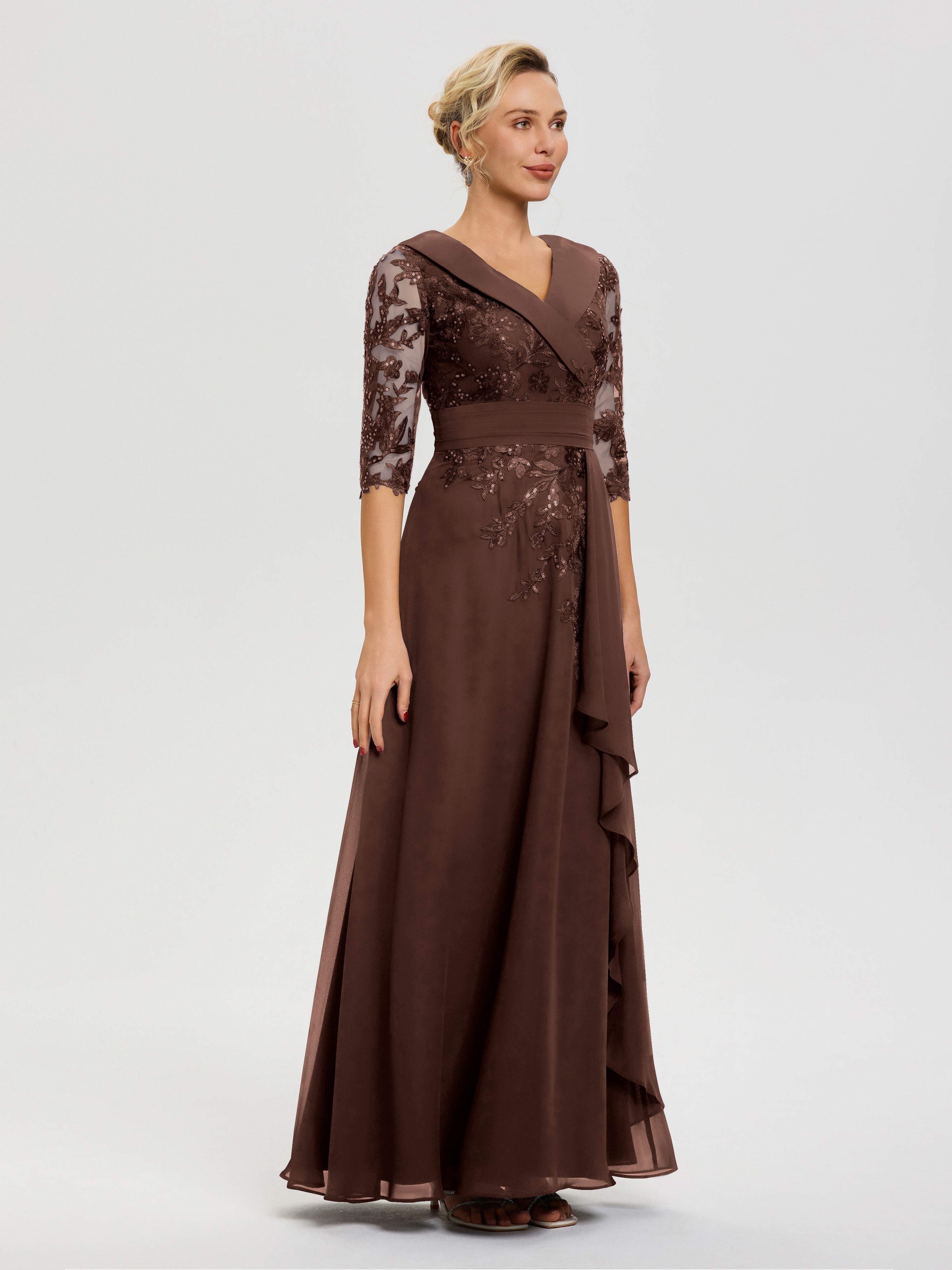 Robe Mère De La Mariée Chocolat Col V Mousseline&Dentelle Robe Cérémonie Mère De La Mariée