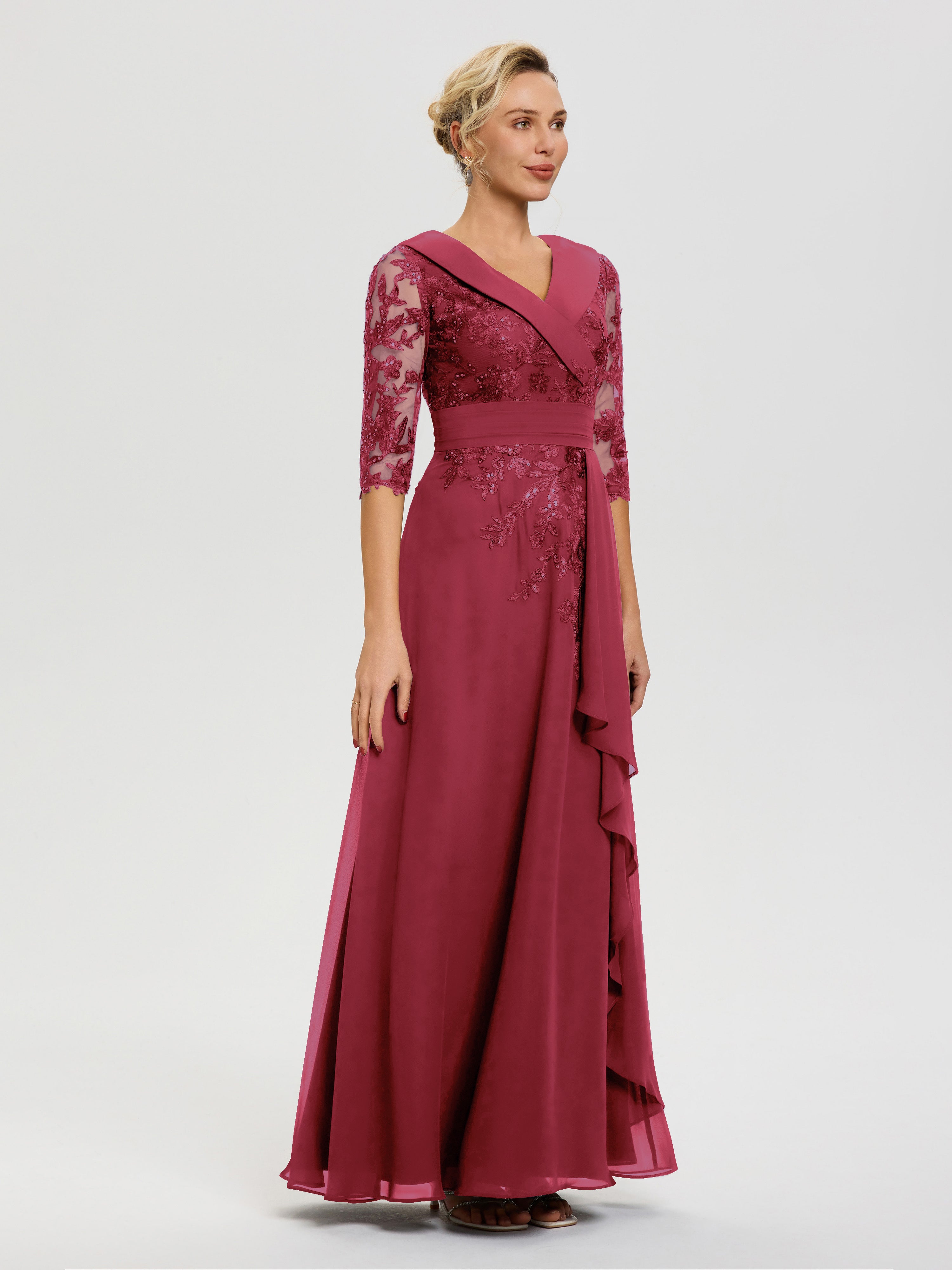 Robe Mère Mariee Rose Cannelle Col V Mousseline&Dentelle Robe Cérémonie Mère De La Mariée