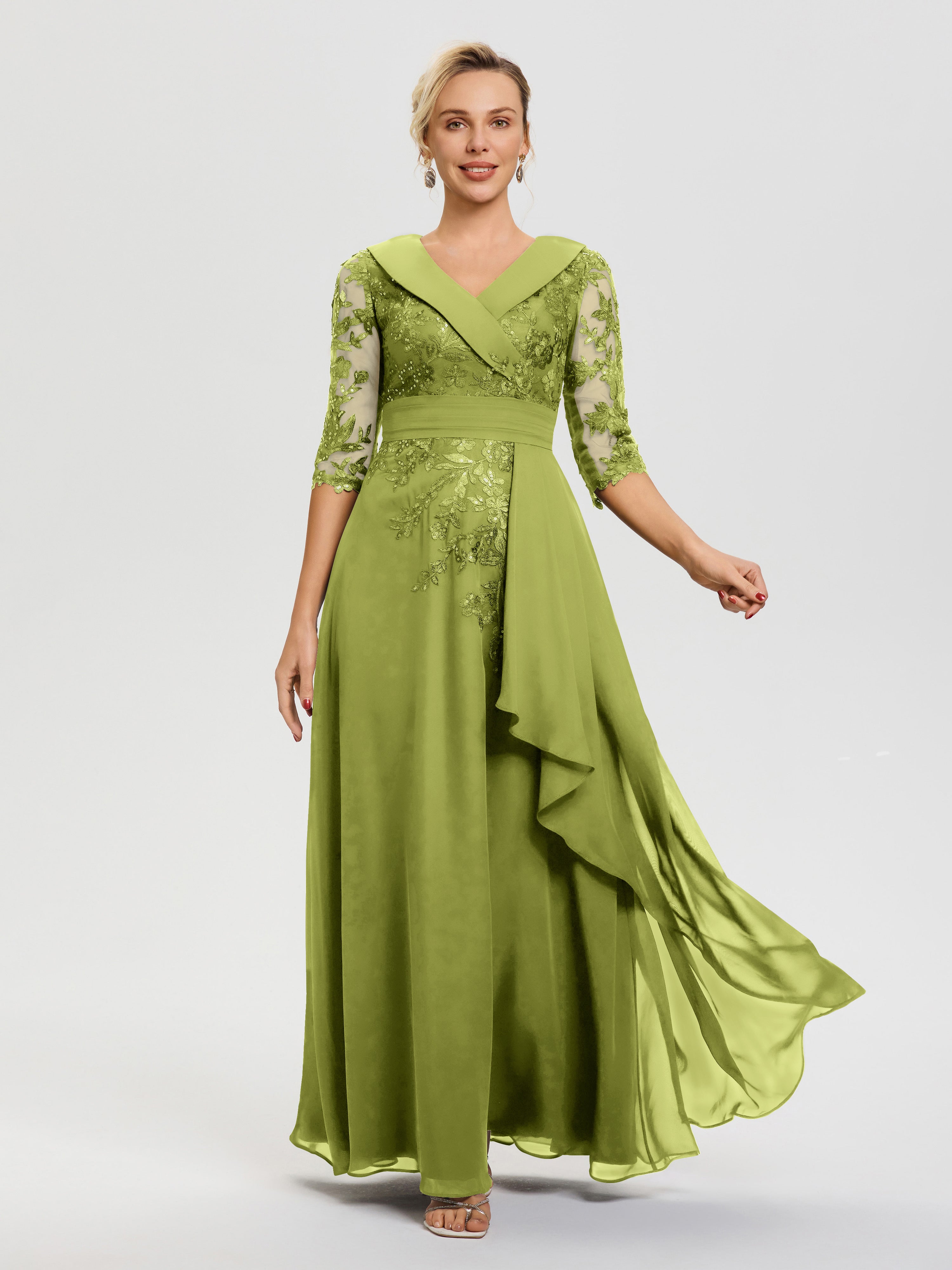 Robe Mère De La Mariée Chic Trefle Col V Mousseline&Dentelle robe cérémonie mère de la mariée