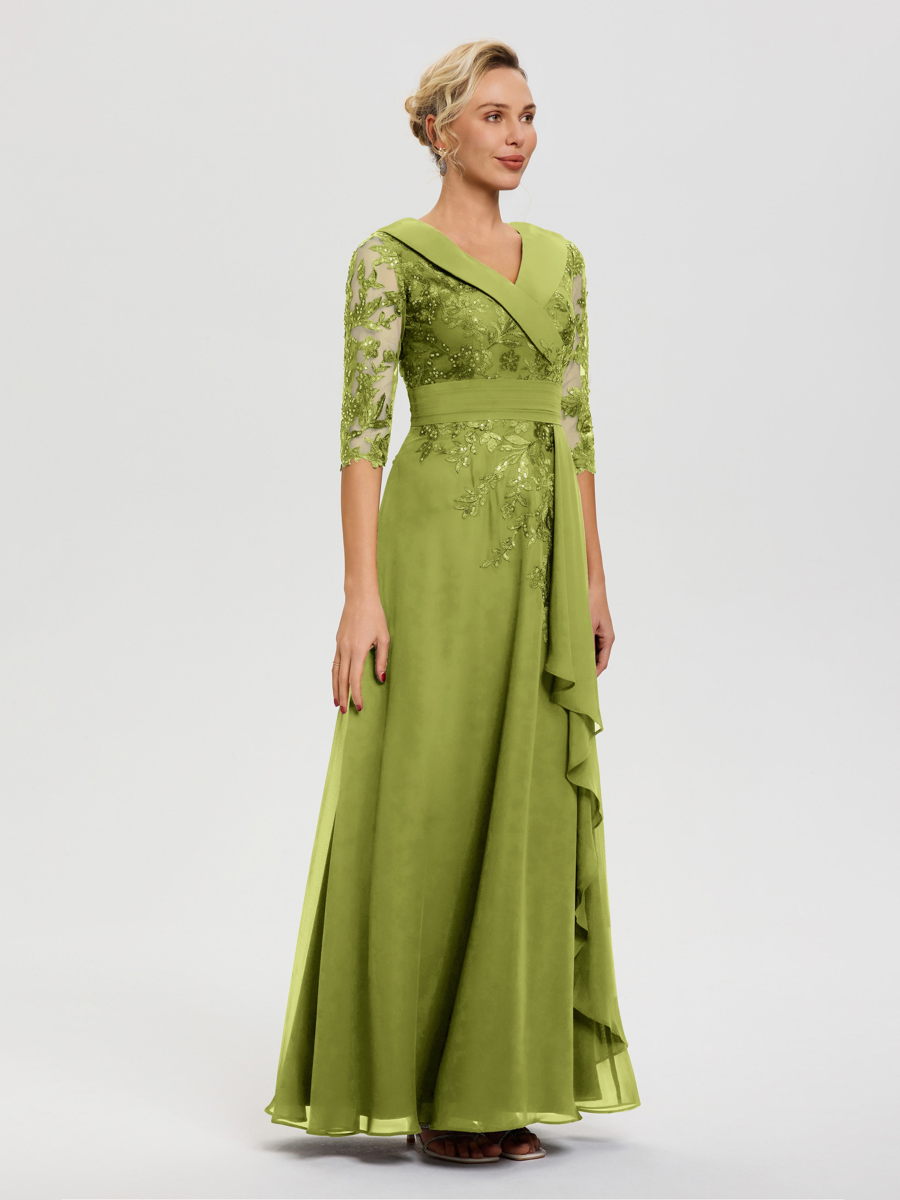 Robe Mère De La Mariée Chic Trefle Col V Mousseline&Dentelle robe cérémonie mère de la mariée