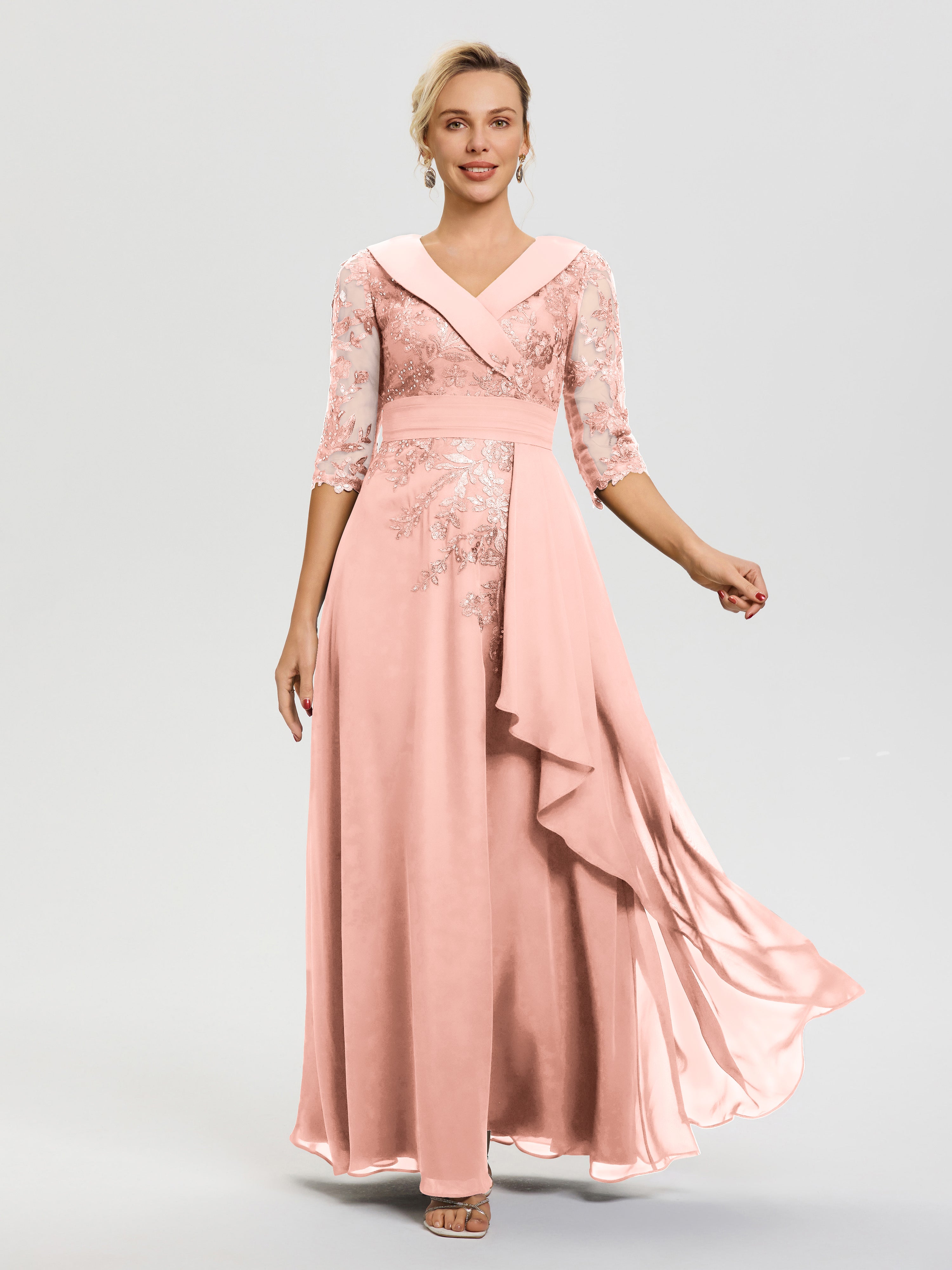 Robe Mère Marié Corail Col-V-Mousseline-Dentelle-Robe-Ceremonie-Mere-De-La-Mariee