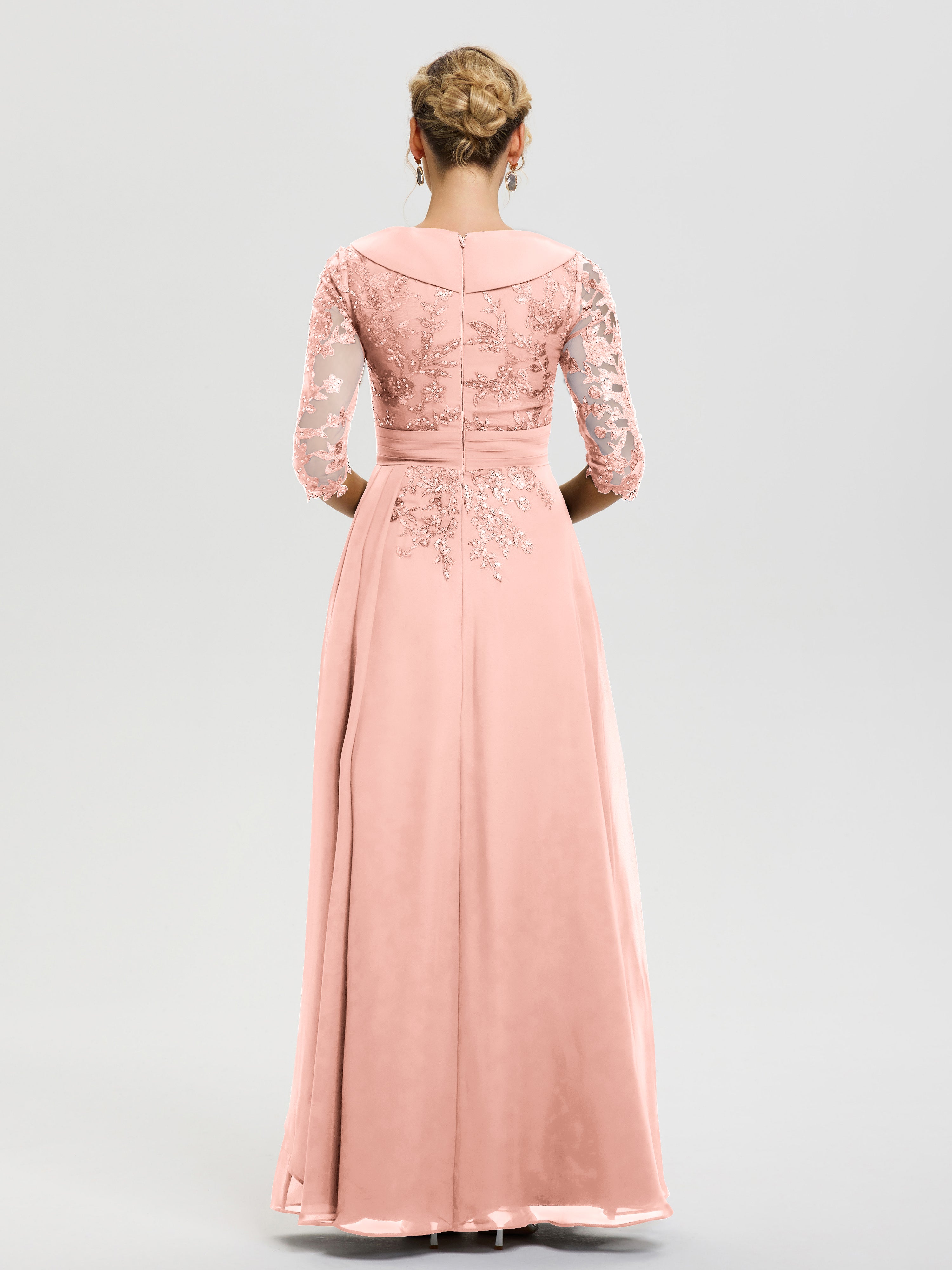 Robe Mère Marié Corail Col-V-Mousseline-Dentelle-Robe-Ceremonie-Mere-De-La-Mariee