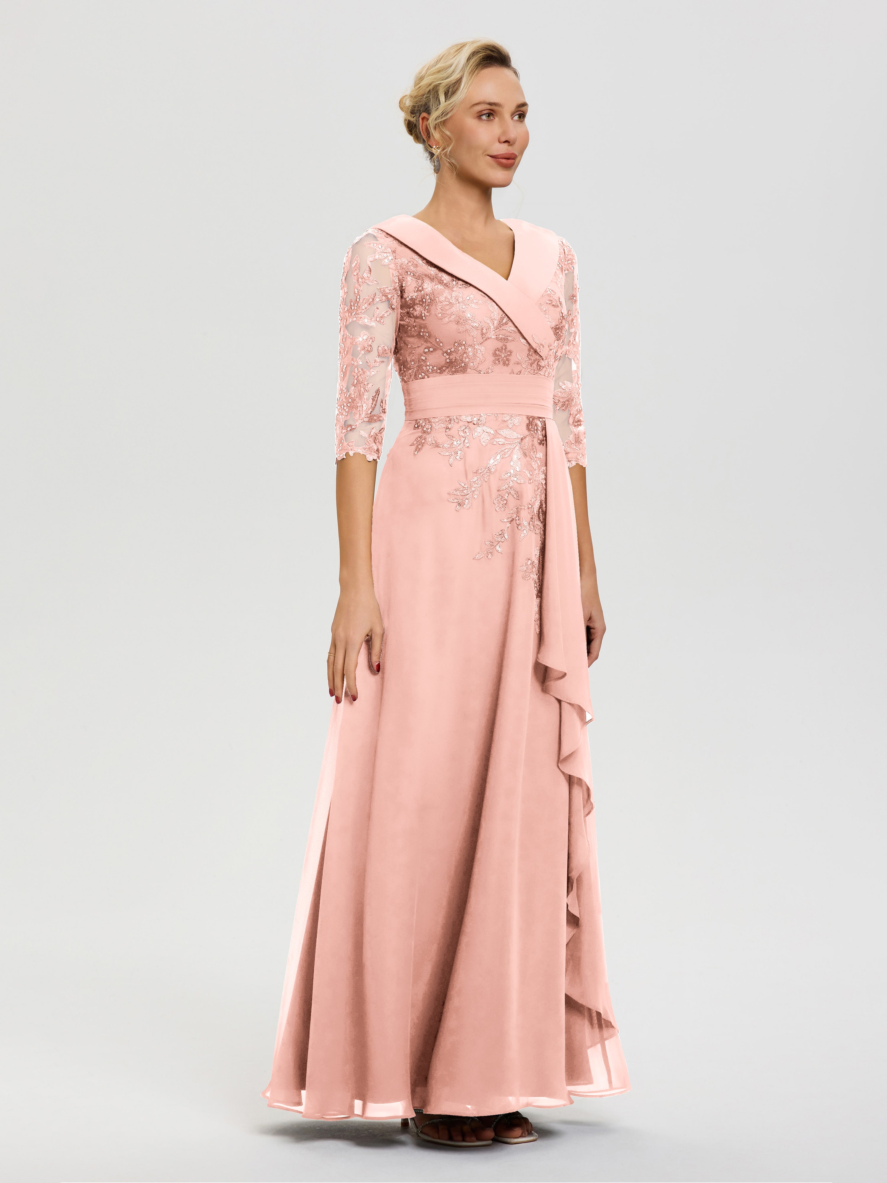 Robe Mère Marié Corail Col-V-Mousseline-Dentelle-Robe-Ceremonie-Mere-De-La-Mariee