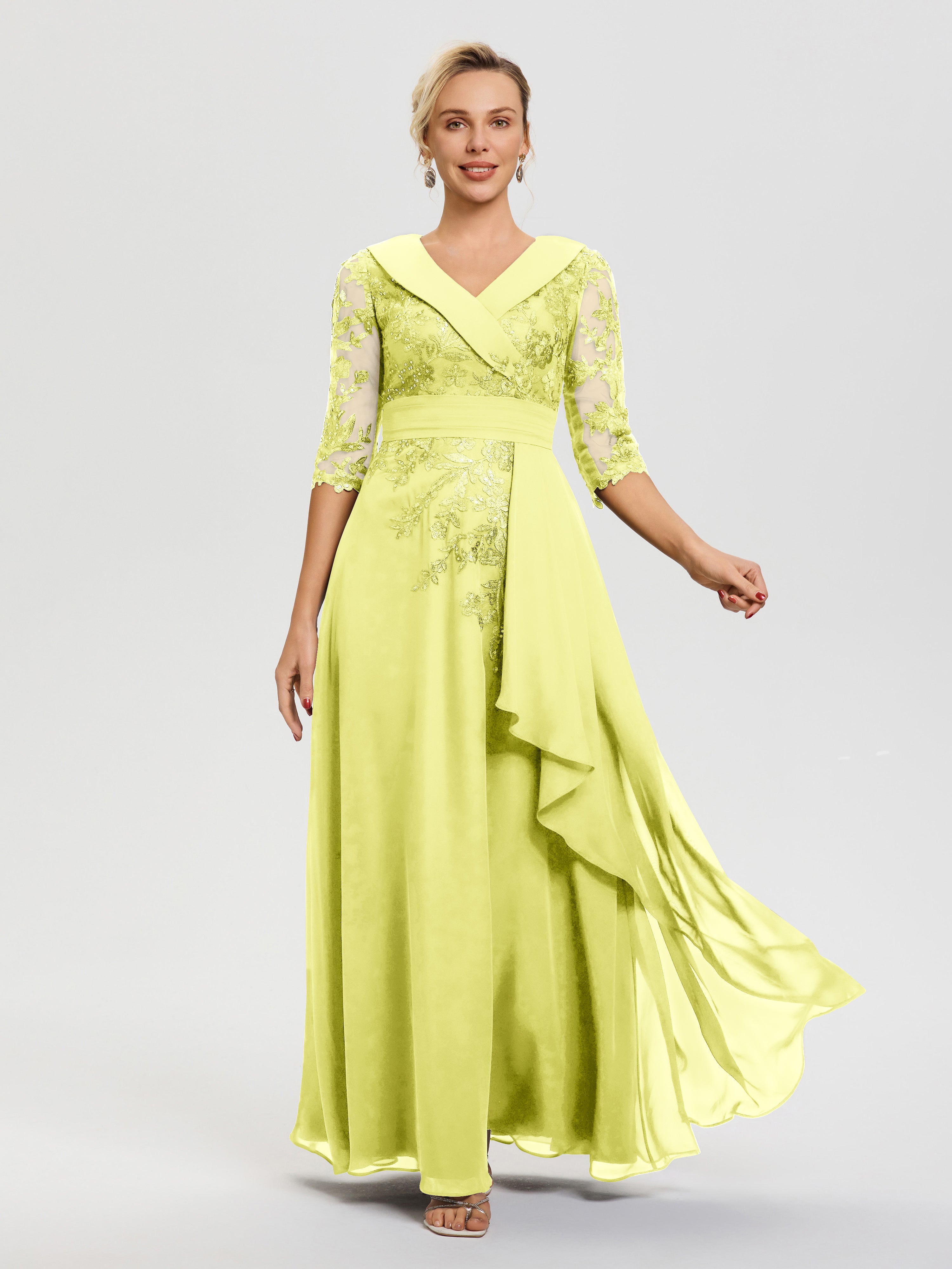 Robe Cérémonie Mère De La Mariée Jonquille Col V Mousseline&Dentelle Robe Cérémonie Mère De La Mariée