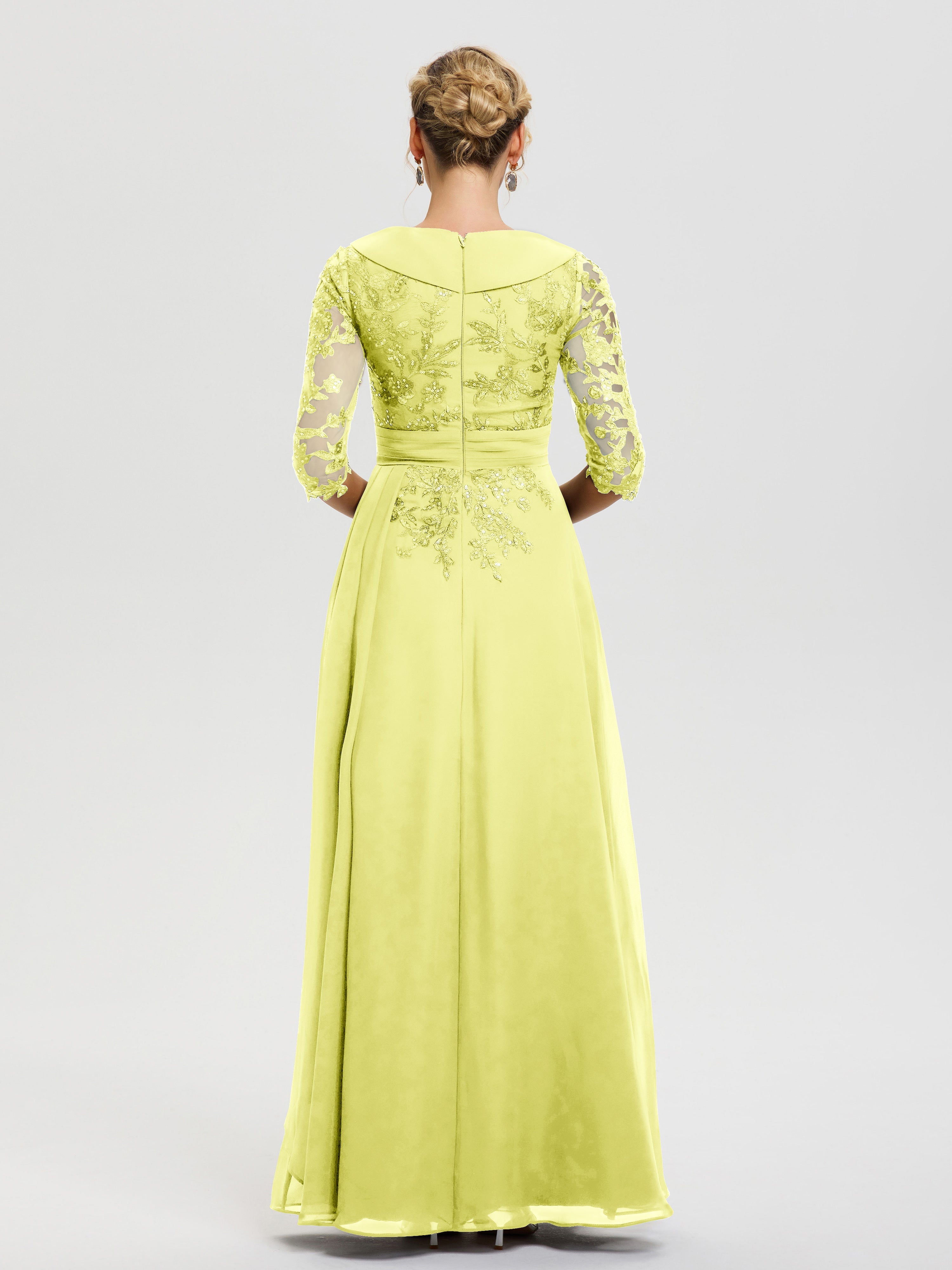 Robe Cérémonie Mère De La Mariée Jonquille Col V Mousseline&Dentelle Robe Cérémonie Mère De La Mariée