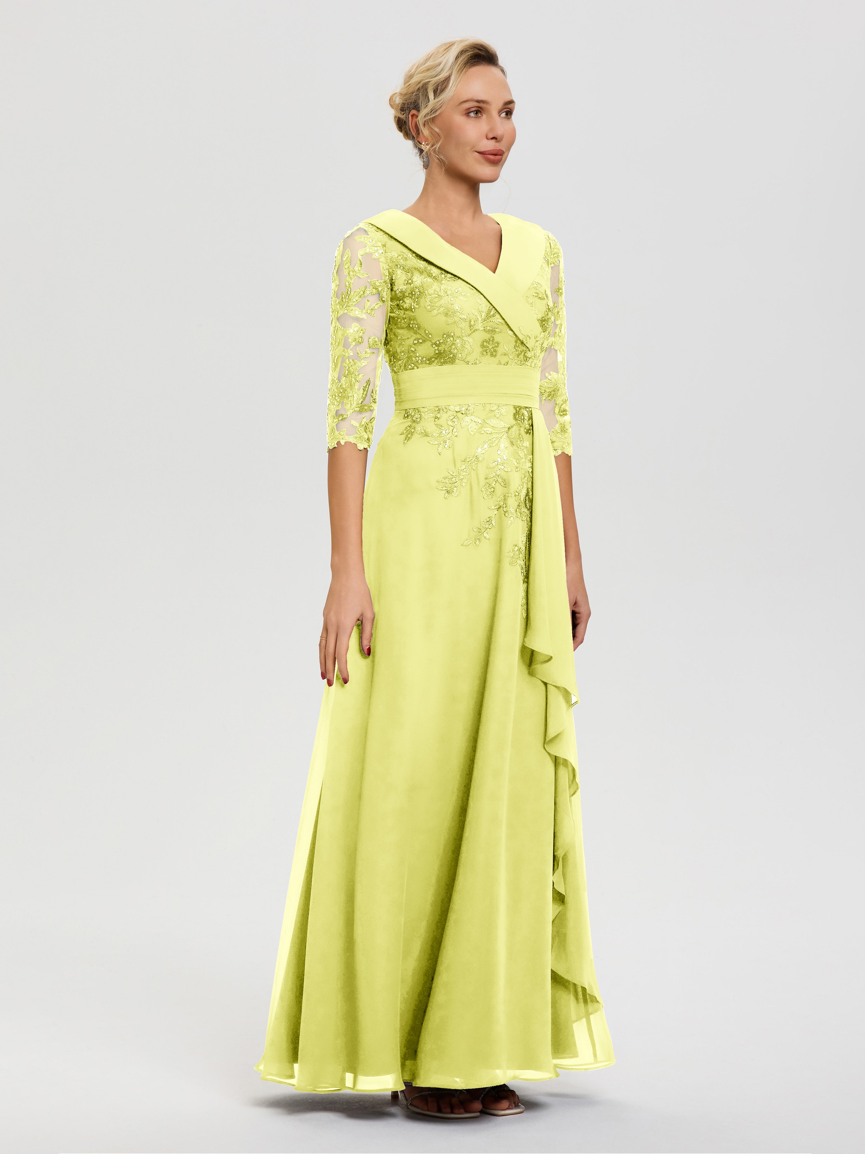 Robe Cérémonie Mère De La Mariée Jonquille Col V Mousseline&Dentelle Robe Cérémonie Mère De La Mariée