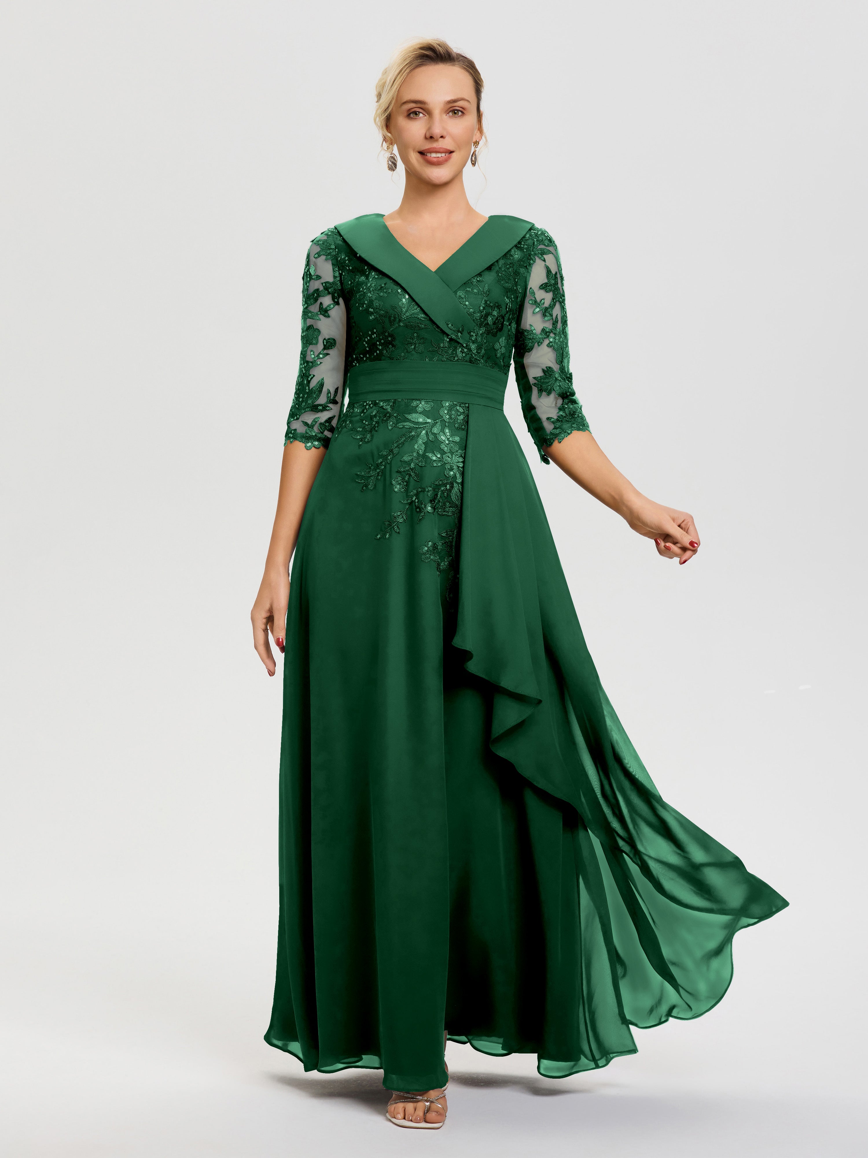Robe Cérémonie Mariage Mère Du Marié Vert Foncé Col V Mousseline&Dentelle Robe Cérémonie Mère De La Mariée