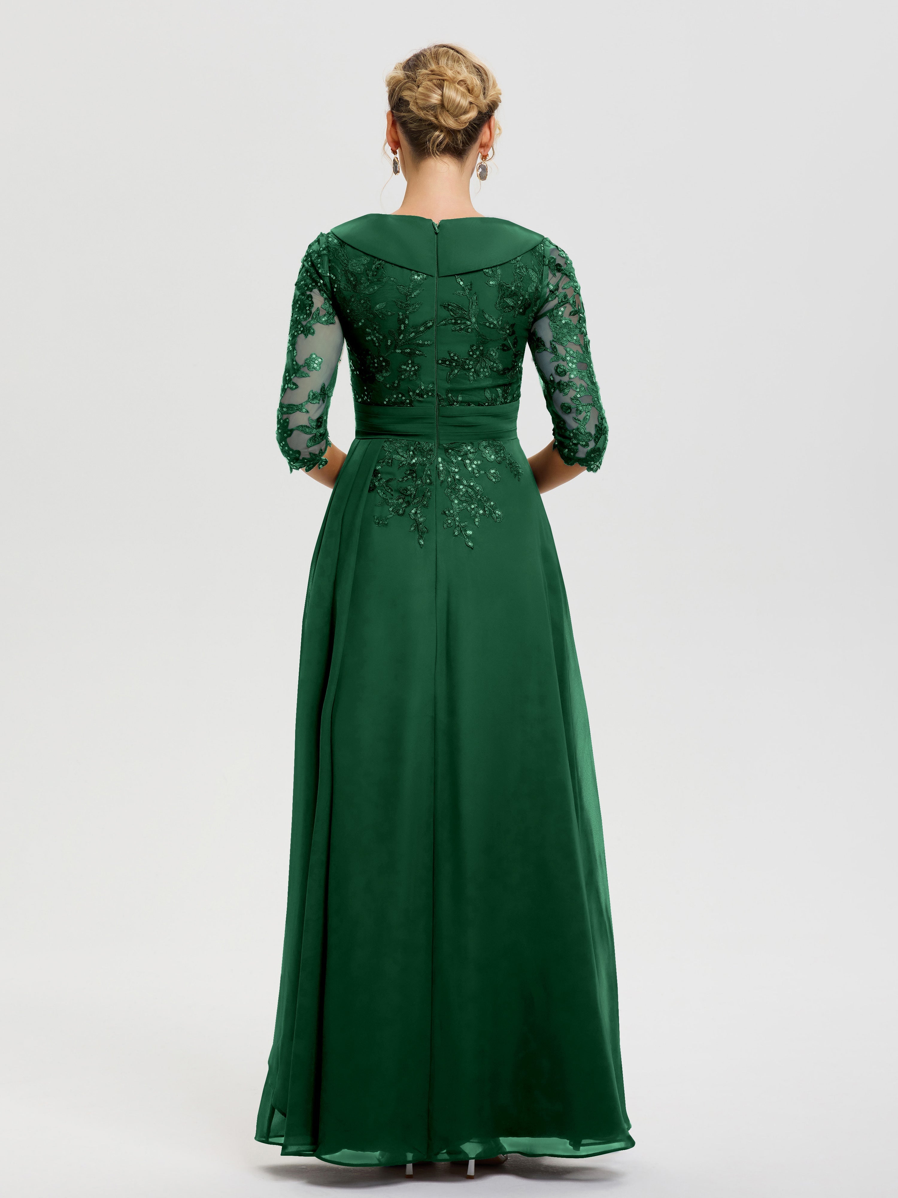 Robe Cérémonie Mariage Mère Du Marié Vert Foncé Col V Mousseline&Dentelle Robe Cérémonie Mère De La Mariée