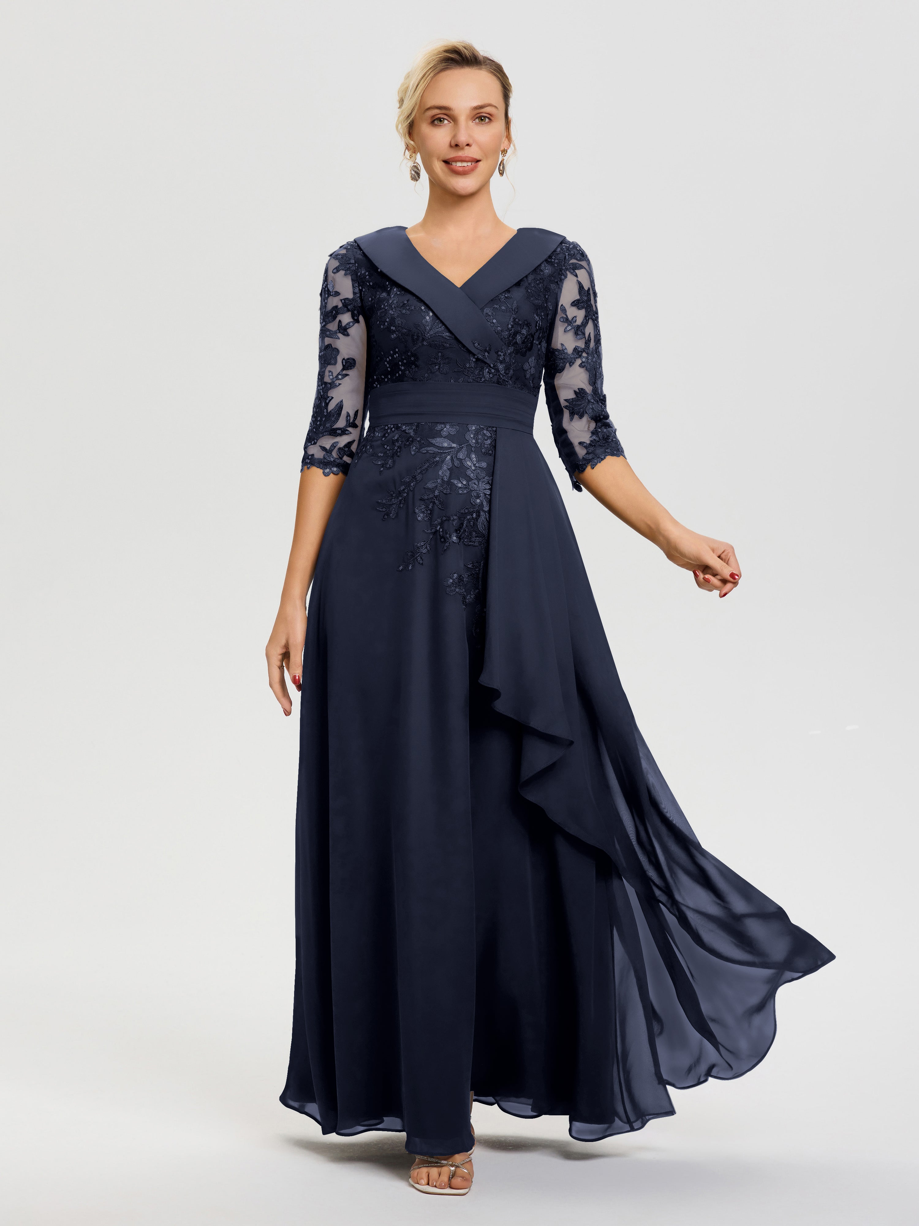 Robe Mère Mariée Bleu Marine Col V Mousseline&Dentelle Robe Cérémonie Mère De La Mariée