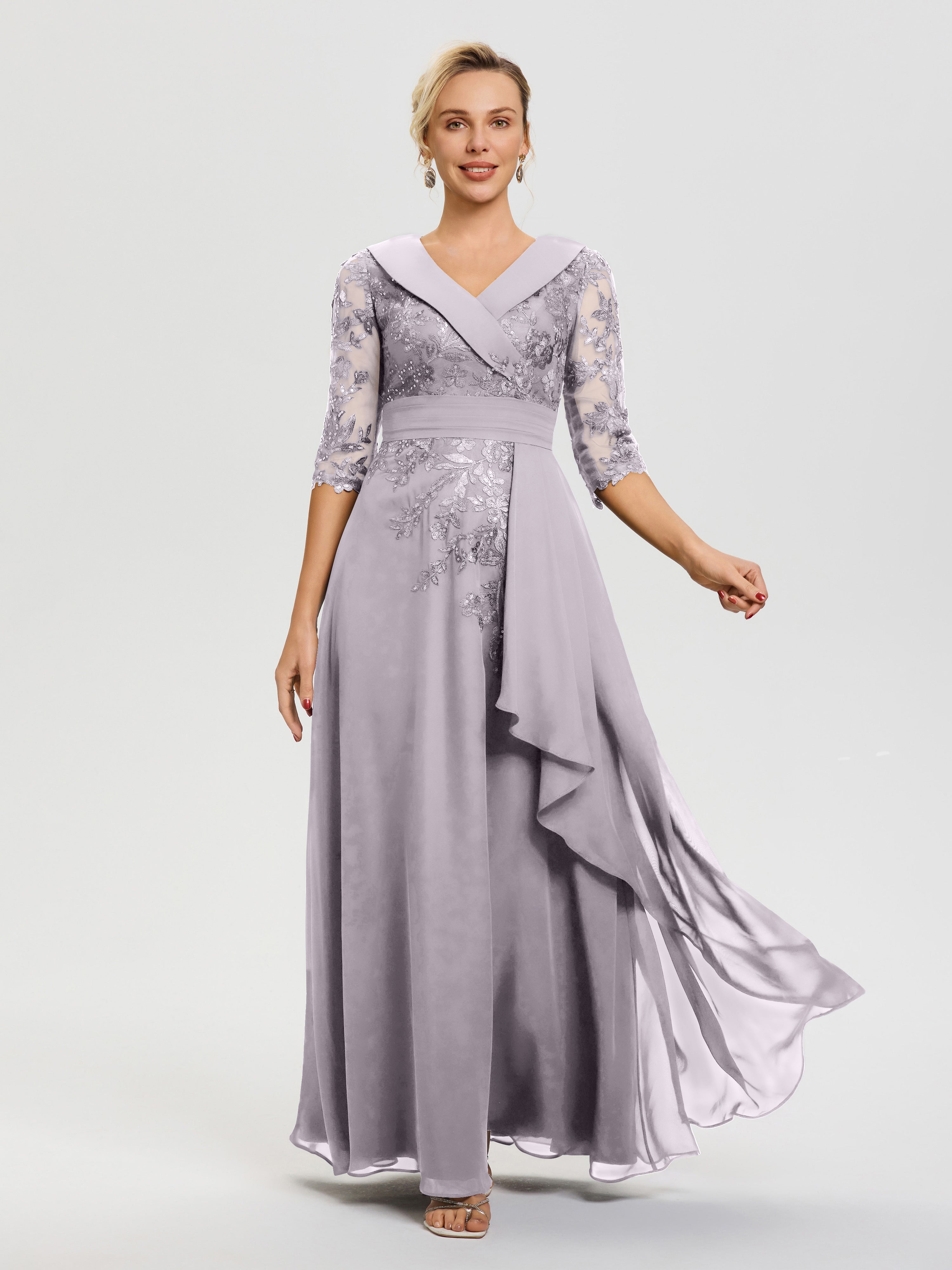 Robe Mère Marié Crepuscule Col V Mousseline&Dentelle Robe Cérémonie Mère De La Mariée