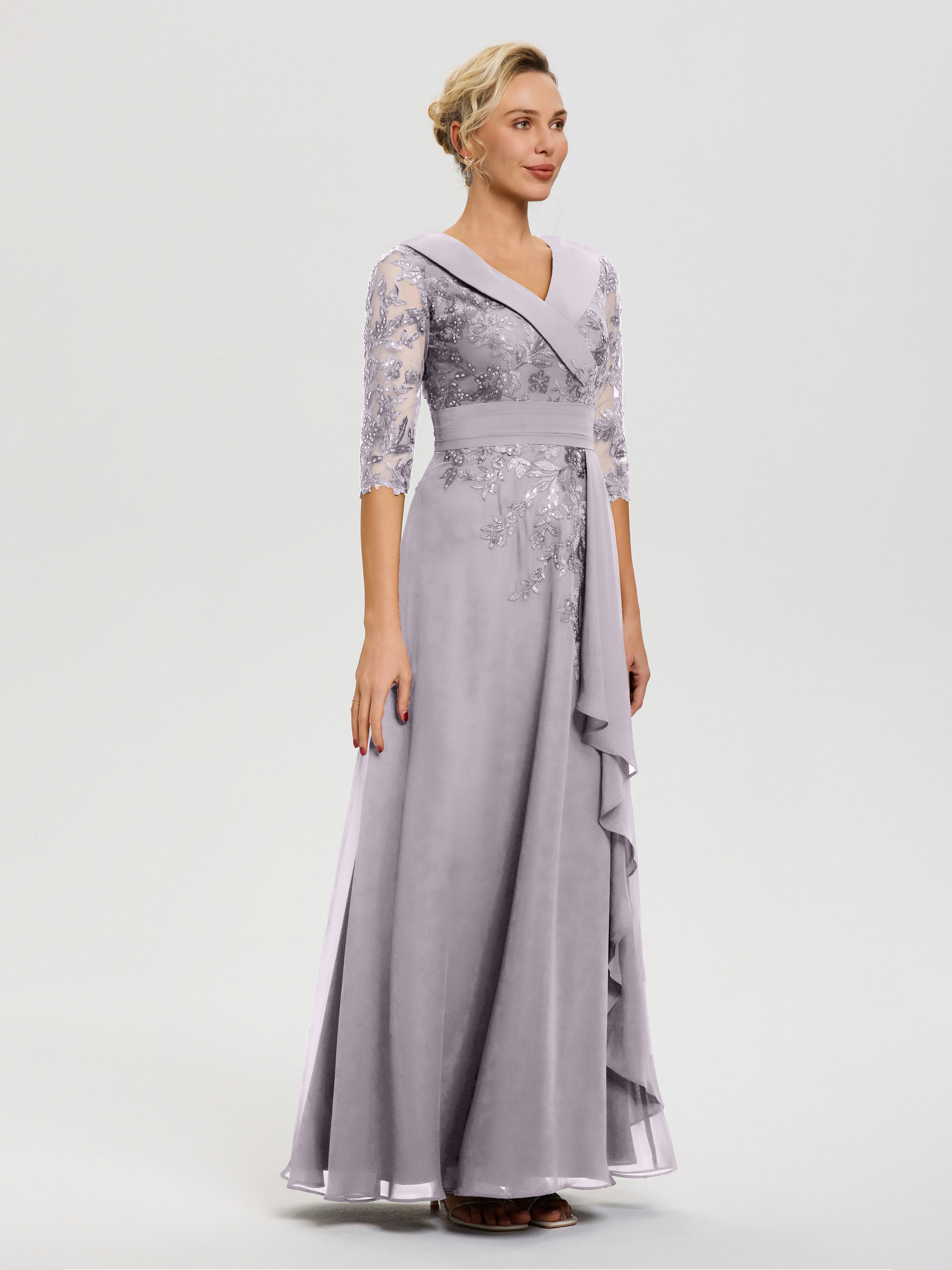 Robe Mère Marié Crepuscule Col V Mousseline&Dentelle Robe Cérémonie Mère De La Mariée