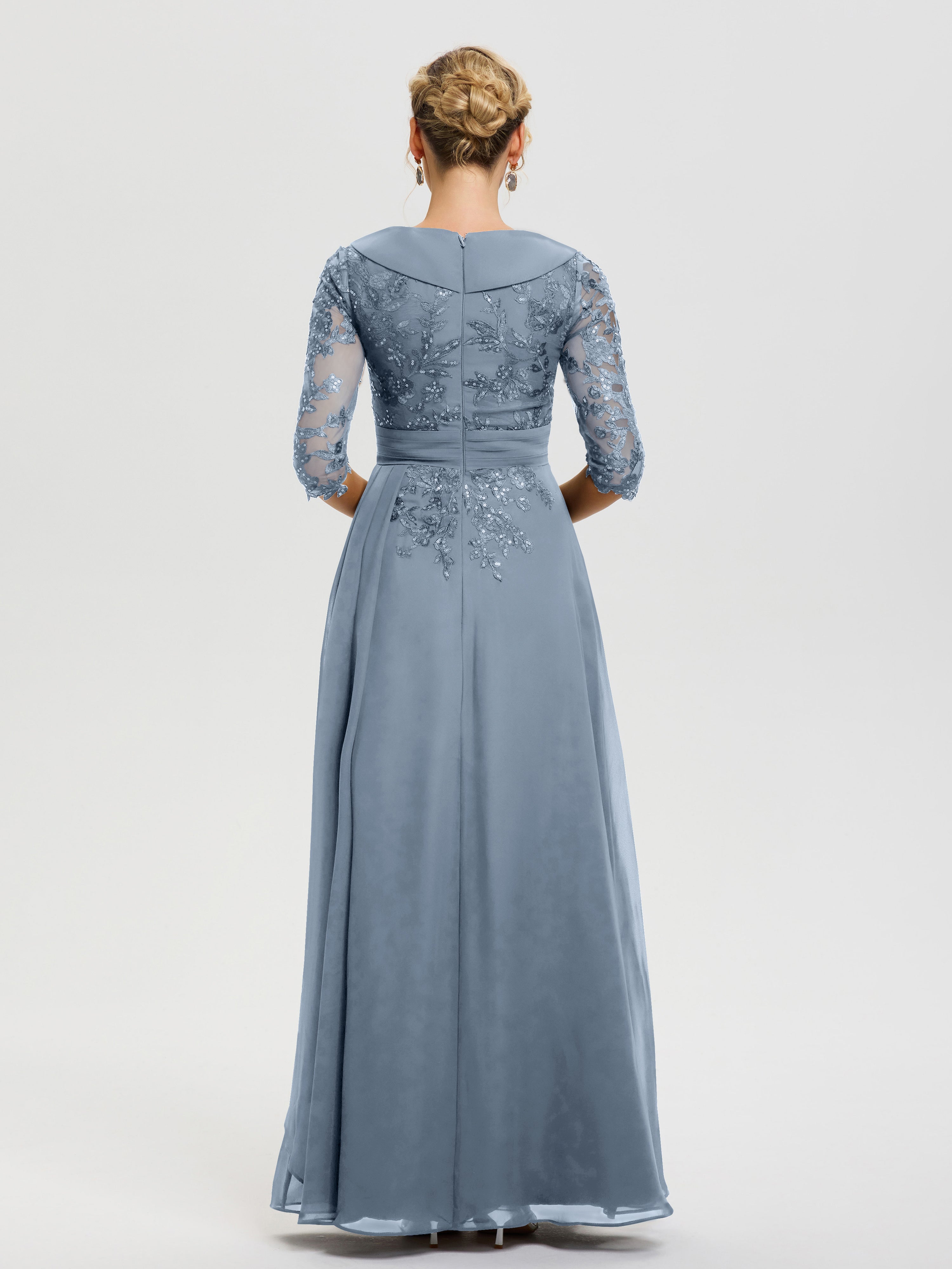 Robe Mère De La Mariée Bleu Poudré Col V Mousseline&Dentelle Robe Cérémonie Mère De La Mariée