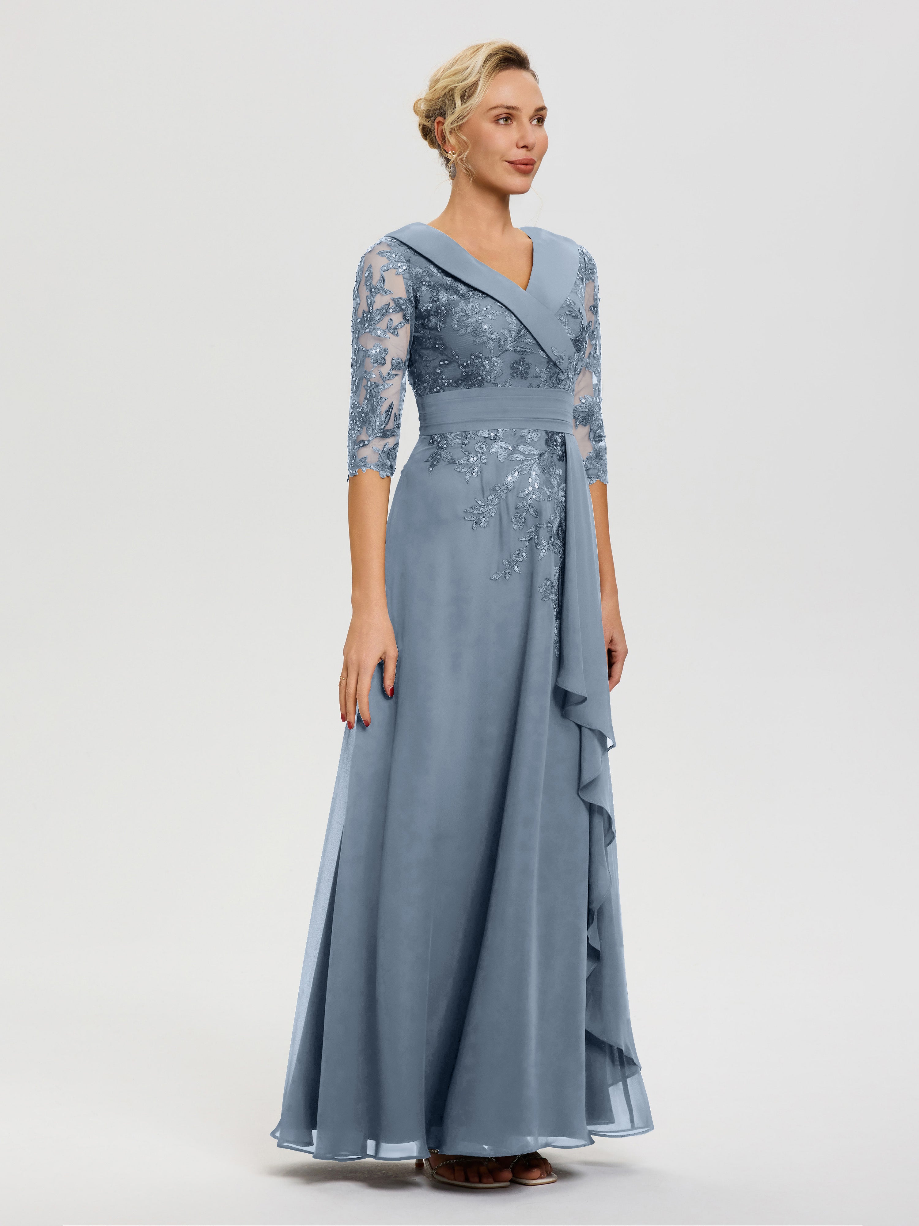 Robe Mère De La Mariée Bleu Poudré Col V Mousseline&Dentelle Robe Cérémonie Mère De La Mariée
