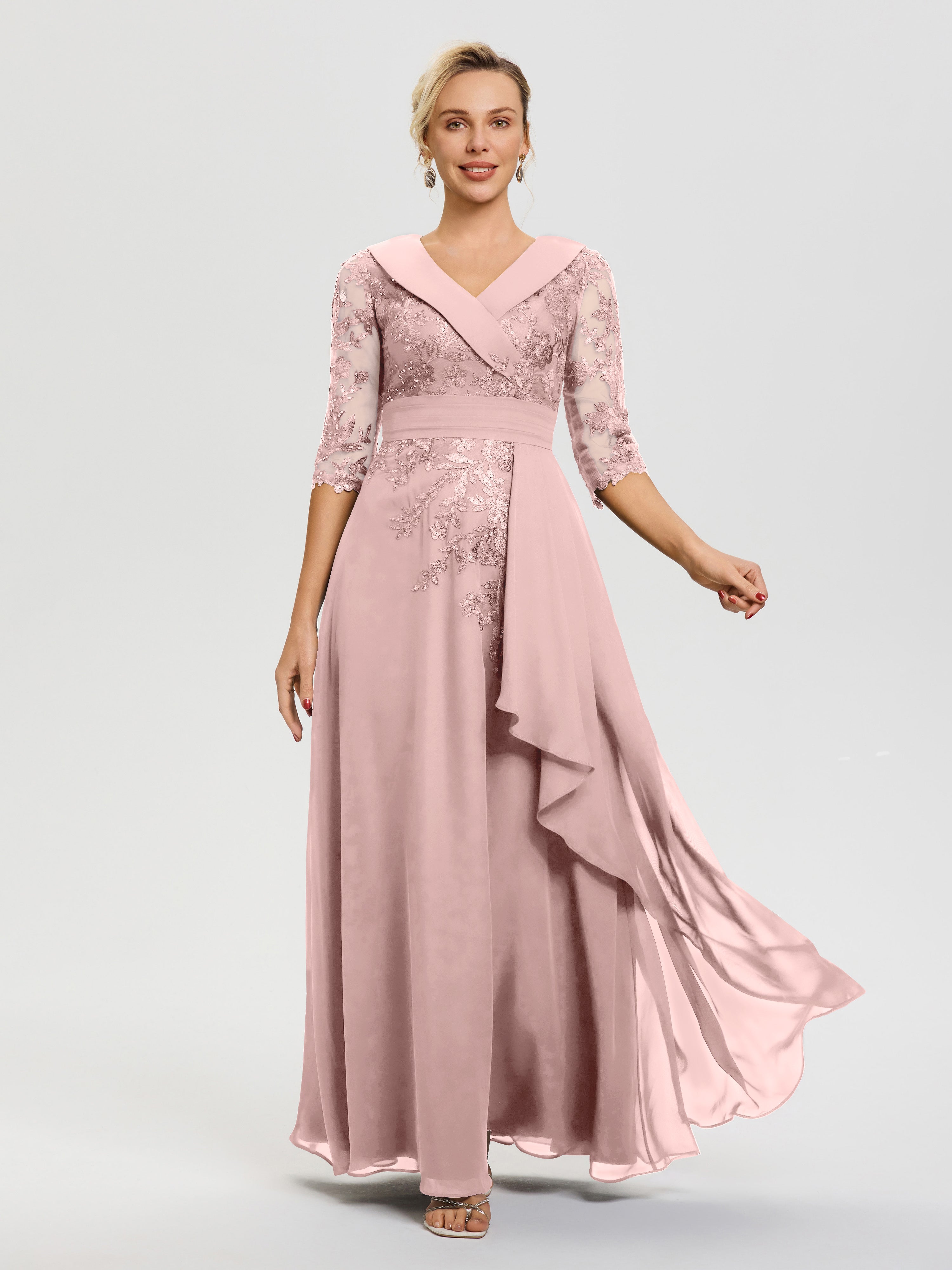 Robe Mere Dela Mariee Rose Poudré Col V Mousseline&Dentelle Robe Cérémonie Mère De La Mariée