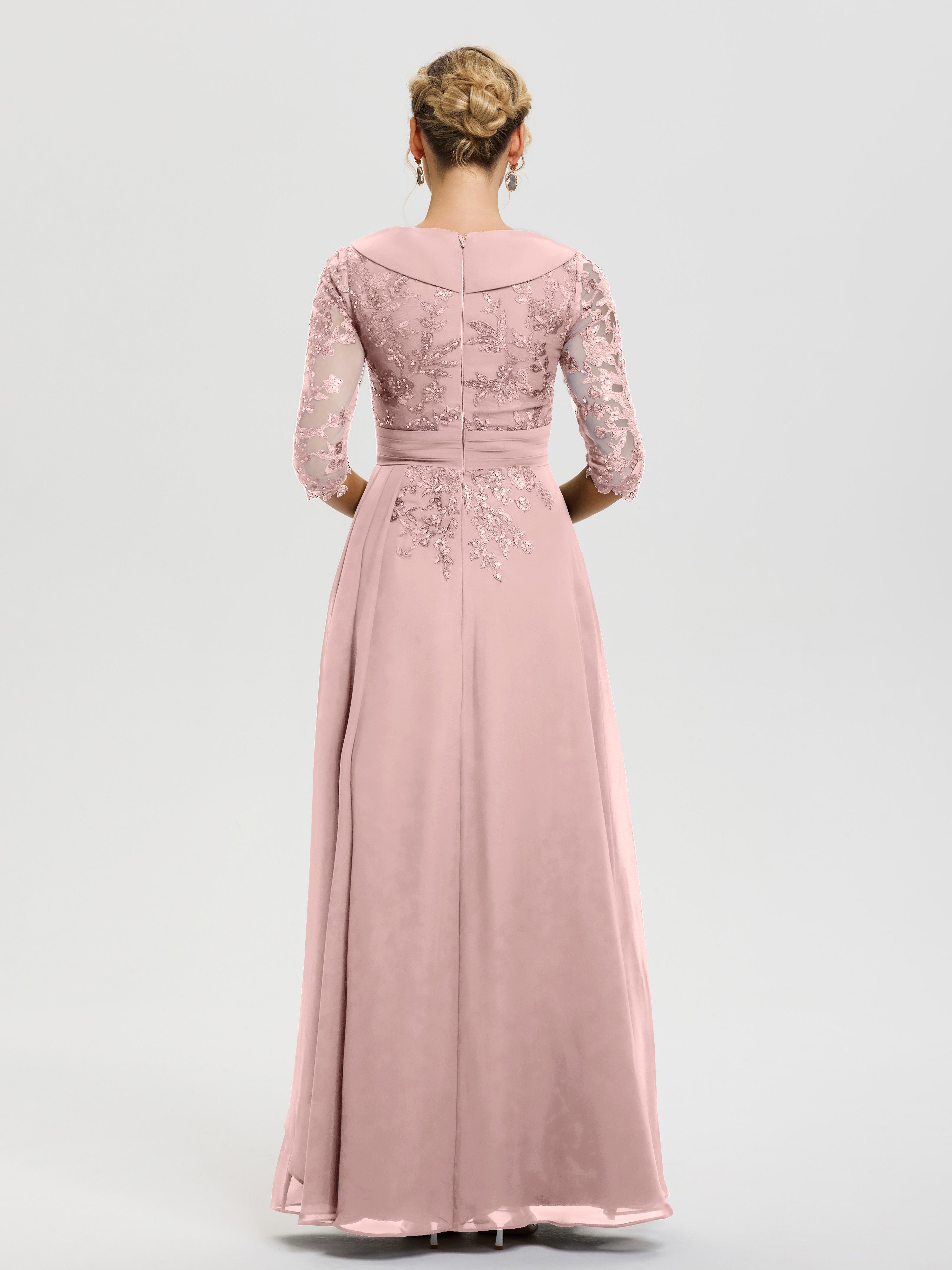 Robe Mere Dela Mariee Rose Poudré Col V Mousseline&Dentelle Robe Cérémonie Mère De La Mariée