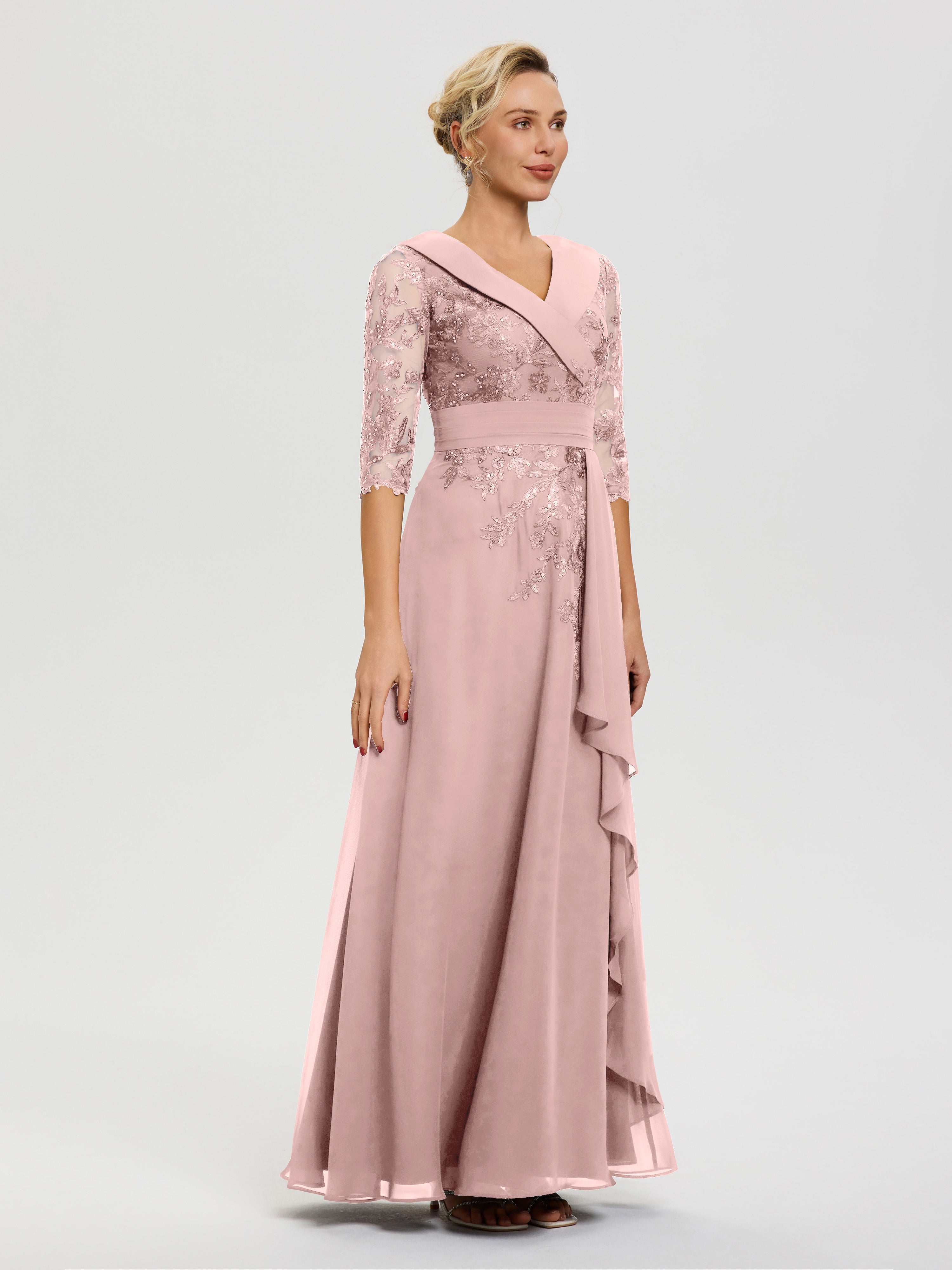 Robe Mere Dela Mariee Rose Poudré Col V Mousseline&Dentelle Robe Cérémonie Mère De La Mariée