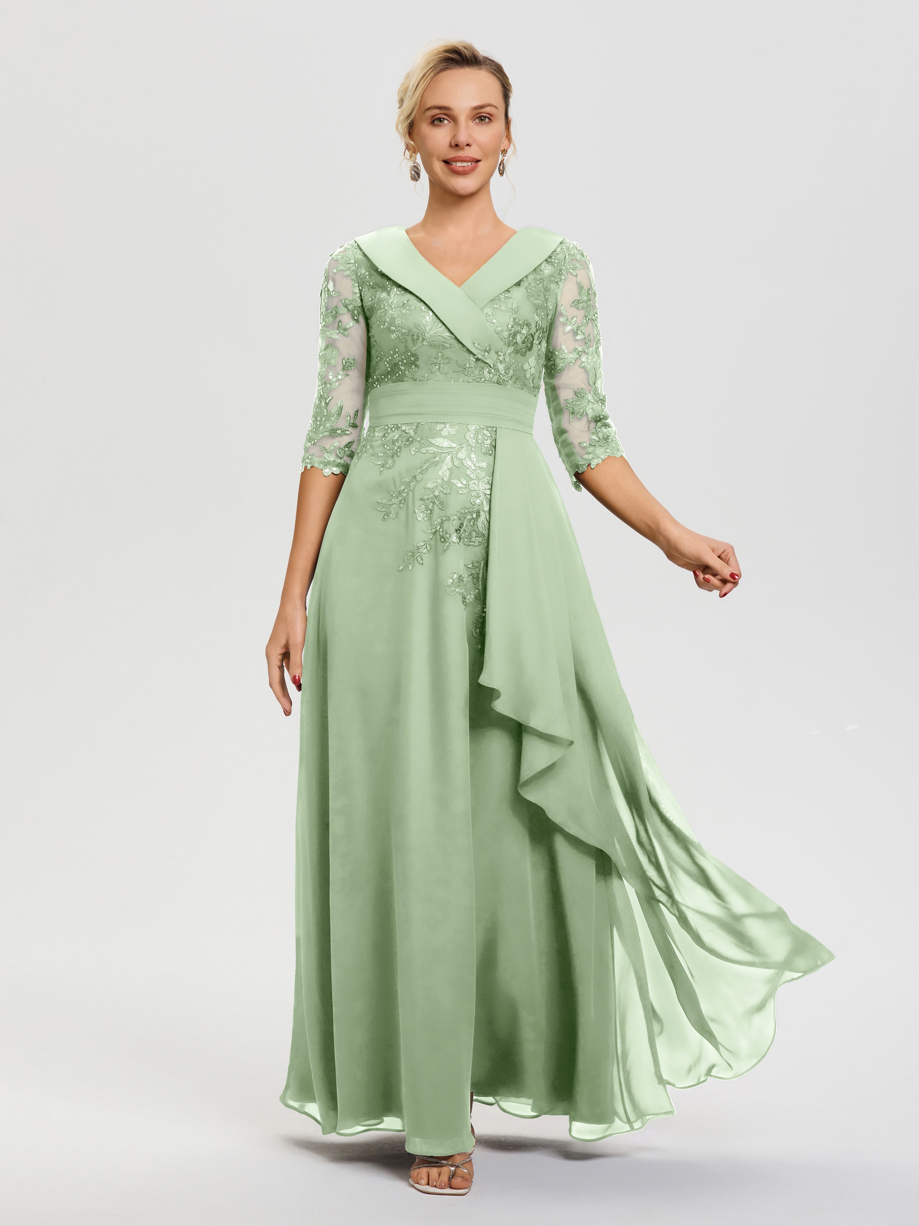 Robe Cérémonie Mariage Mère Du Marié Sauge Poudrée Col V Mousseline&Dentelle Robe Cérémonie Mère De La Mariée