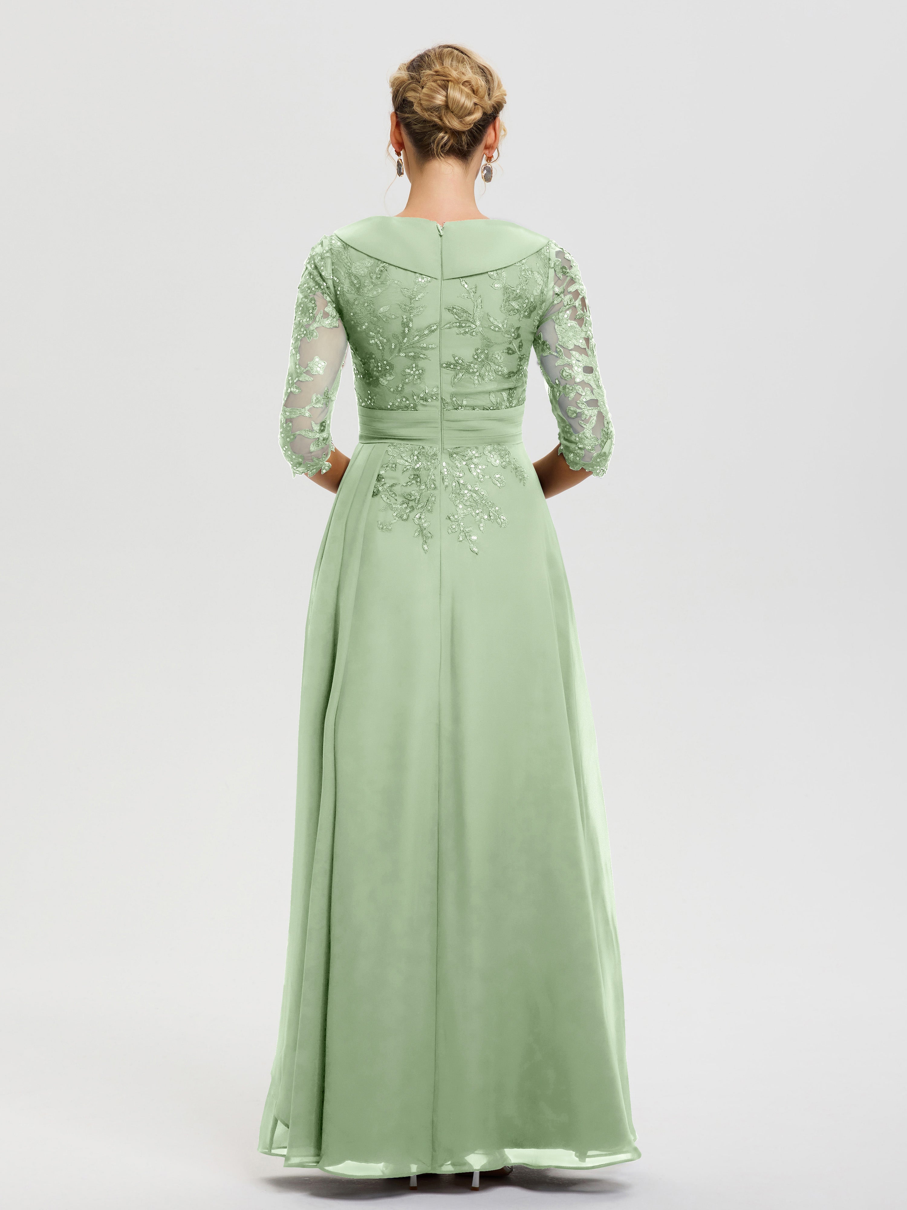 Robe Cérémonie Mariage Mère Du Marié Sauge Poudrée Col V Mousseline&Dentelle Robe Cérémonie Mère De La Mariée