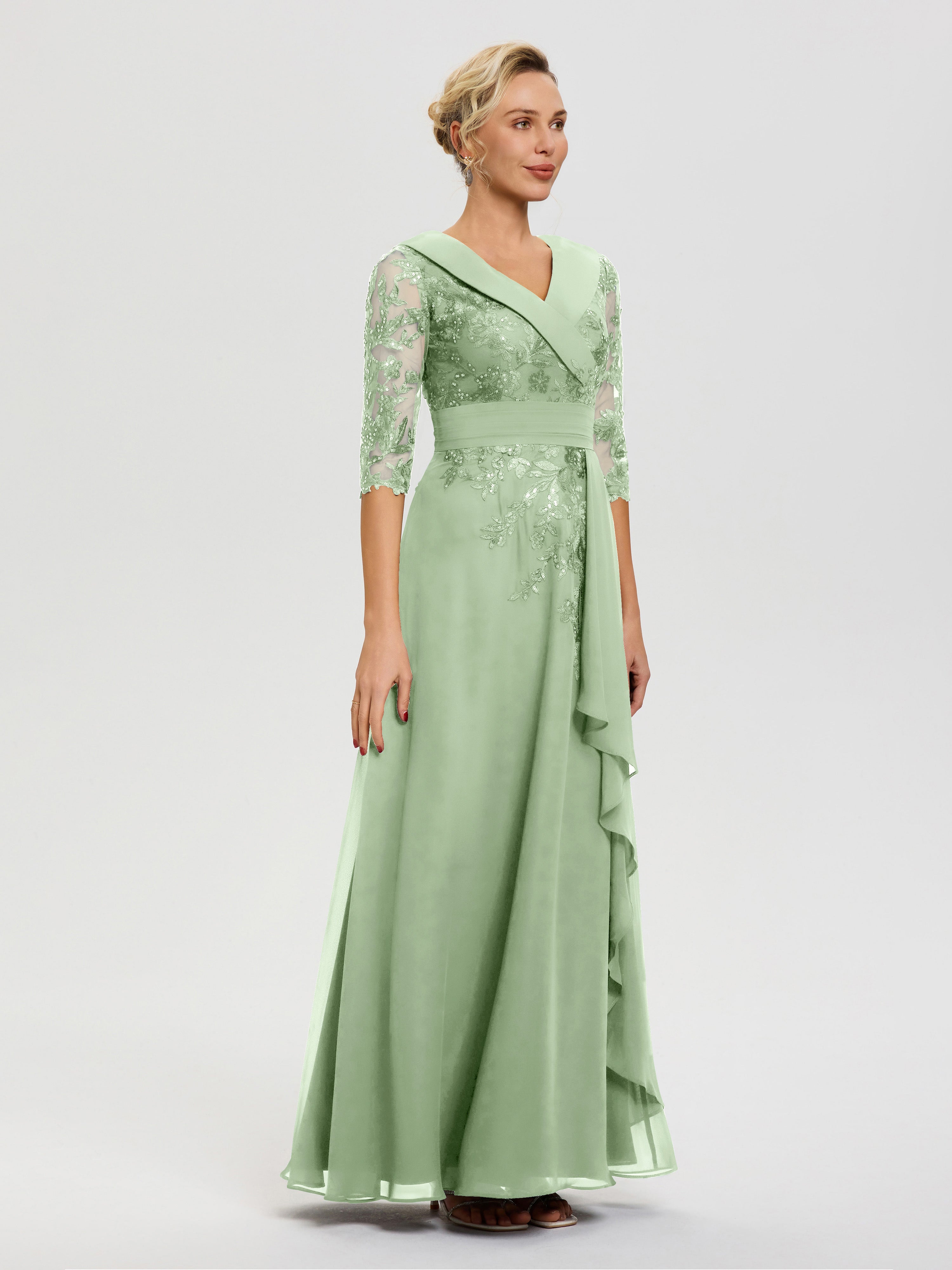 Robe Cérémonie Mariage Mère Du Marié Sauge Poudrée Col V Mousseline&Dentelle Robe Cérémonie Mère De La Mariée