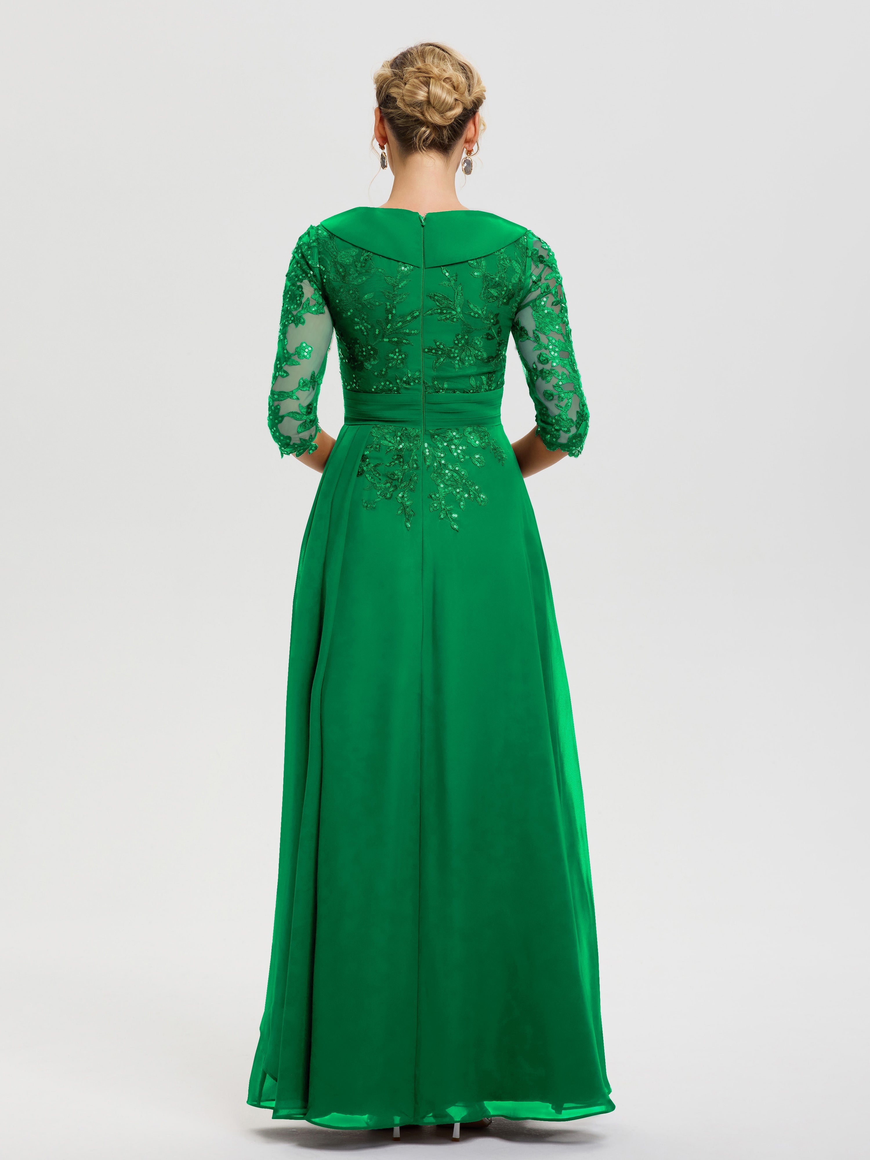 Robe Mère Marié Emeraude Col V Mousseline&Dentelle Robe Cérémonie Mère De La Mariée