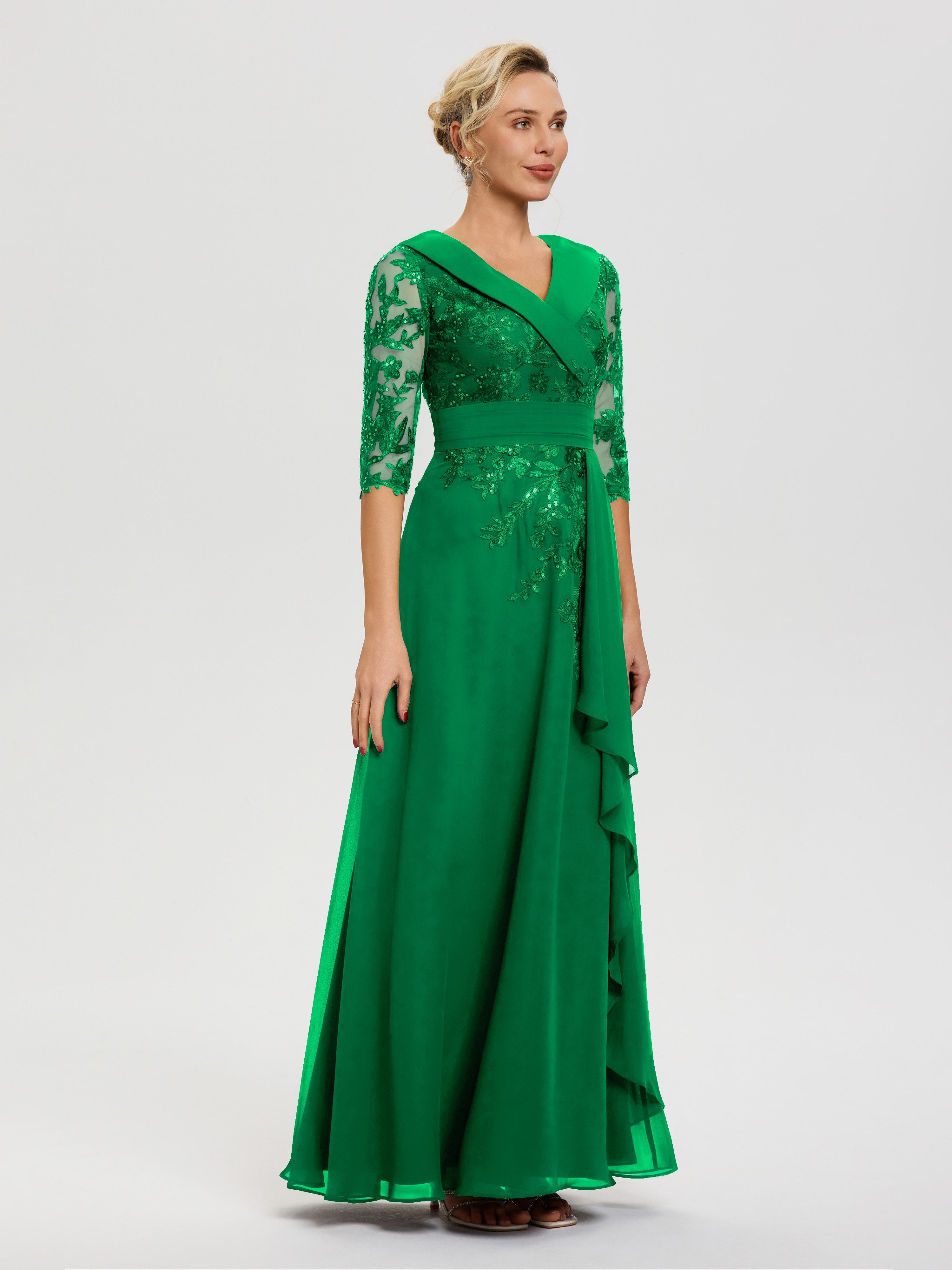 Robe Mère Marié Emeraude Col V Mousseline&Dentelle Robe Cérémonie Mère De La Mariée