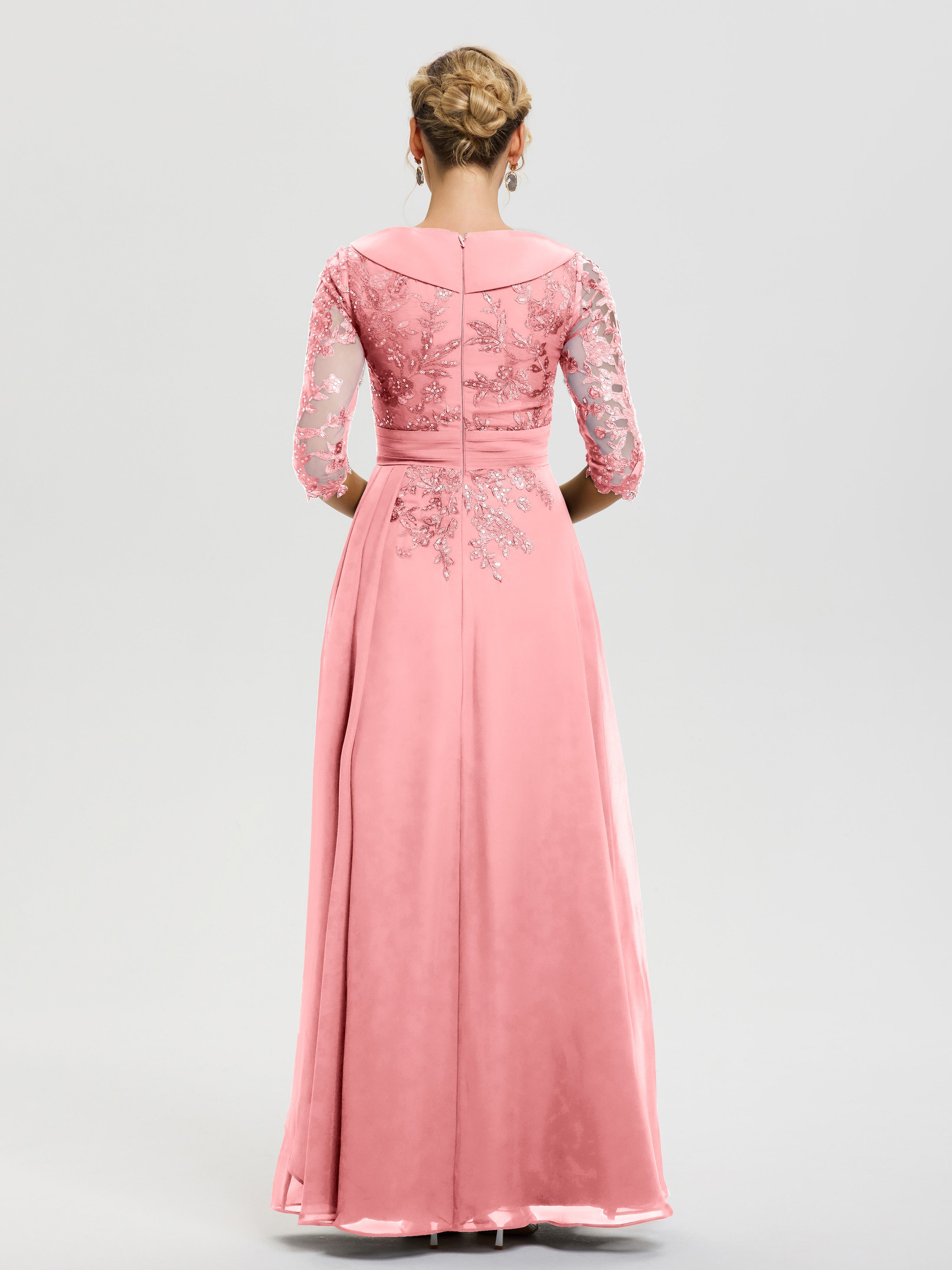 Robe Mère Marié Flamant Col V Mousseline&Dentelle Robe Cérémonie Mère De La Mariée