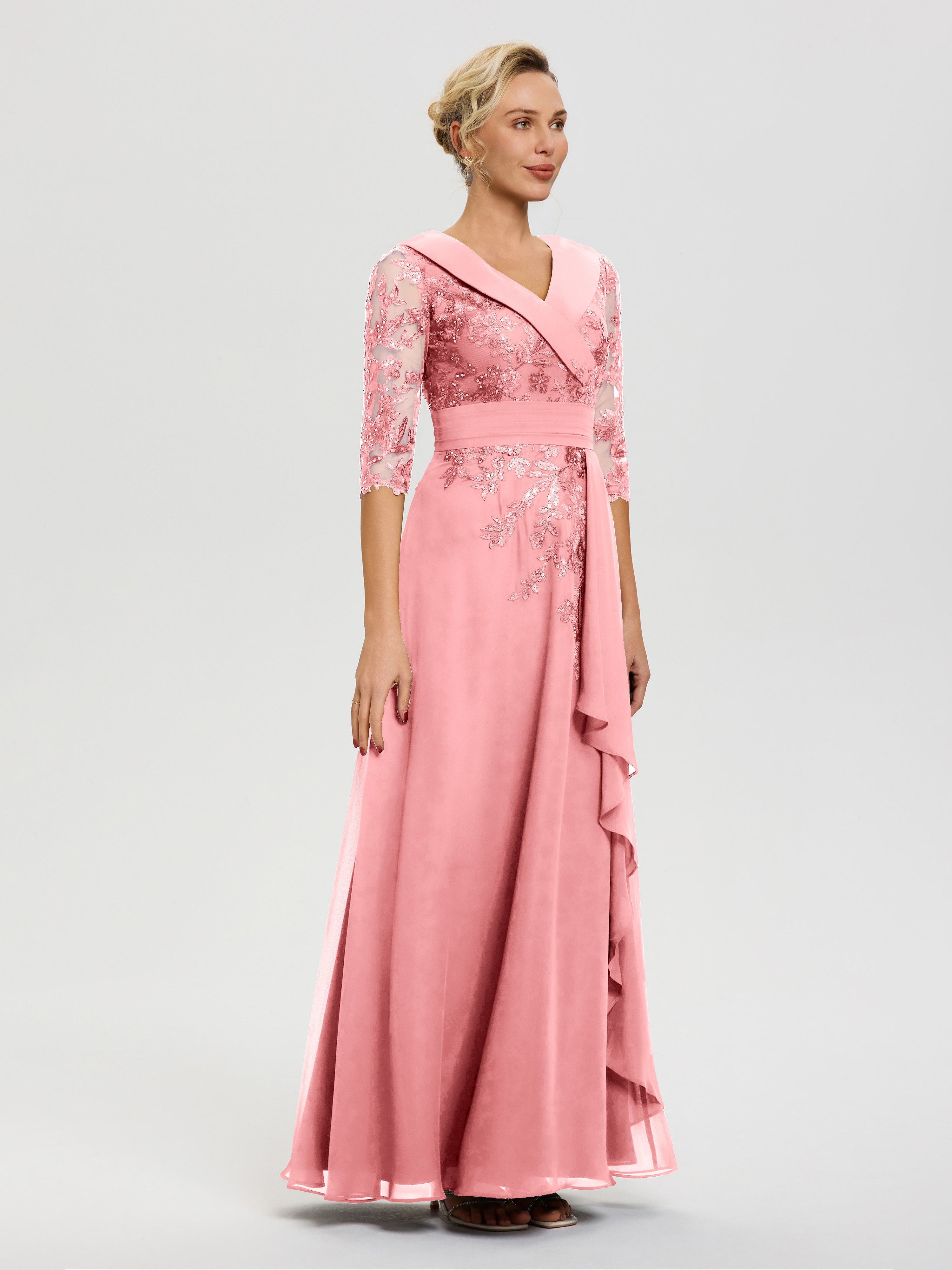 Robe Mère Marié Flamant Col V Mousseline&Dentelle Robe Cérémonie Mère De La Mariée