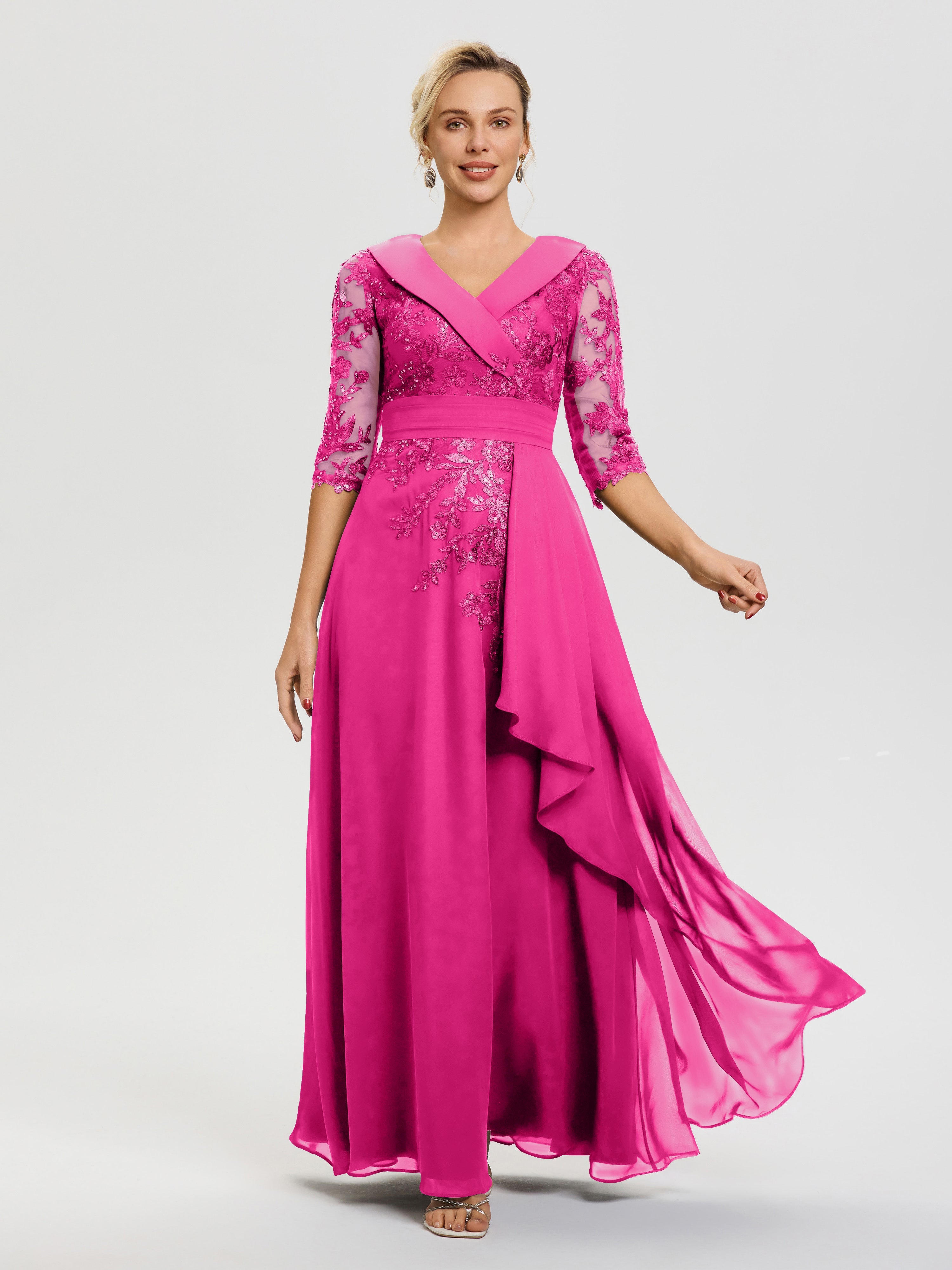 Robe Mère De La Mariée Fuchsia Col V Mousseline&Dentelle Robe Cérémonie Mère De La Mariée